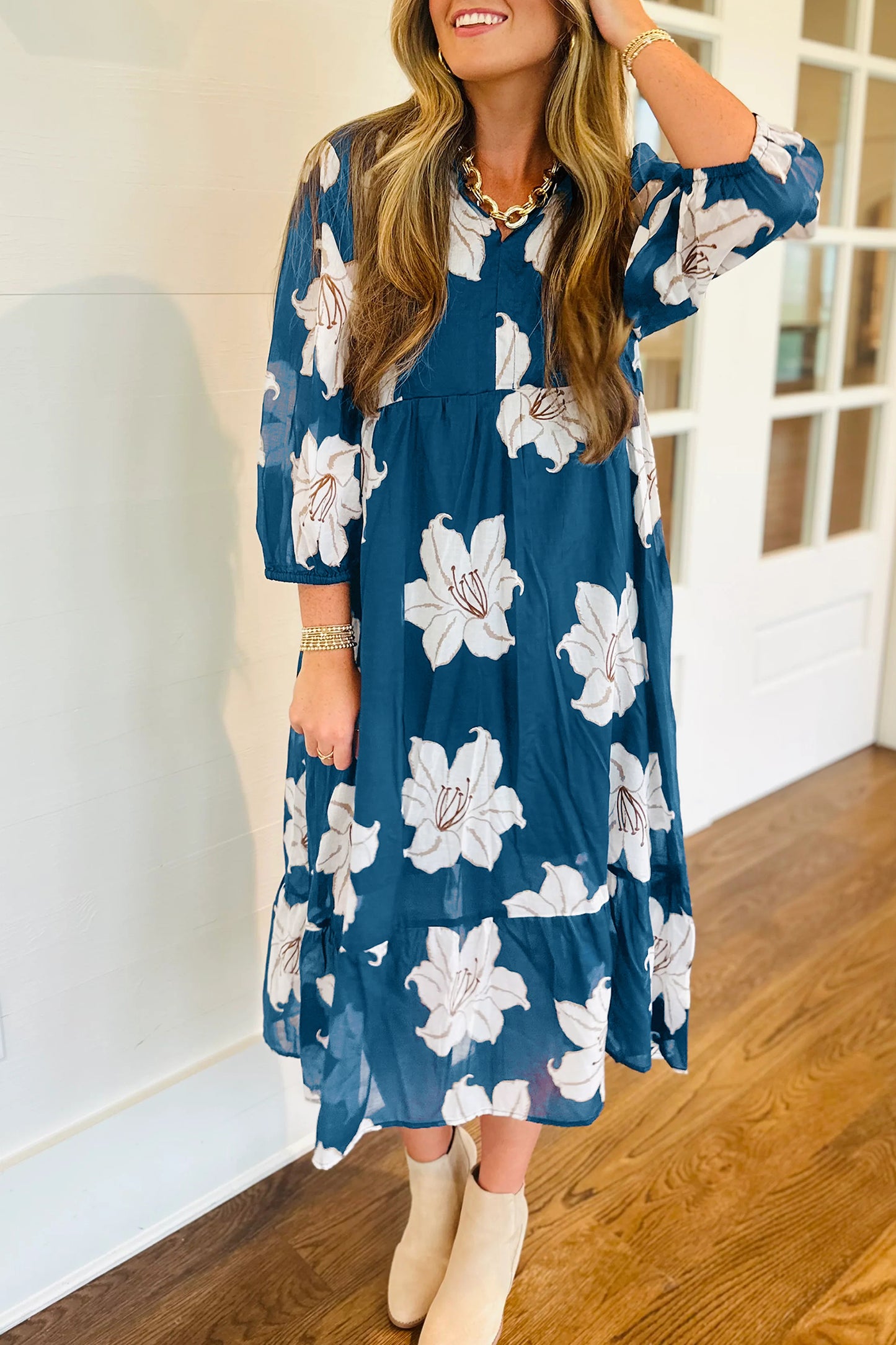 Blue Floral Print Shirt Collar V Neck 3/4 Sleeve Shift Midi Dress-TOPS / DRESSES-[Adult]-[Female]-Blue-S-2022 Online Blue Zone Planet