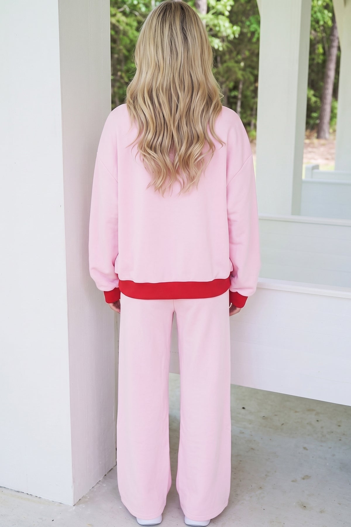 Light Pink Color Block Trim Long Sleeve Pullover Drawstring Shift Pants Set-Two Piece Sets/Pant Sets-[Adult]-[Female]-2022 Online Blue Zone Planet
