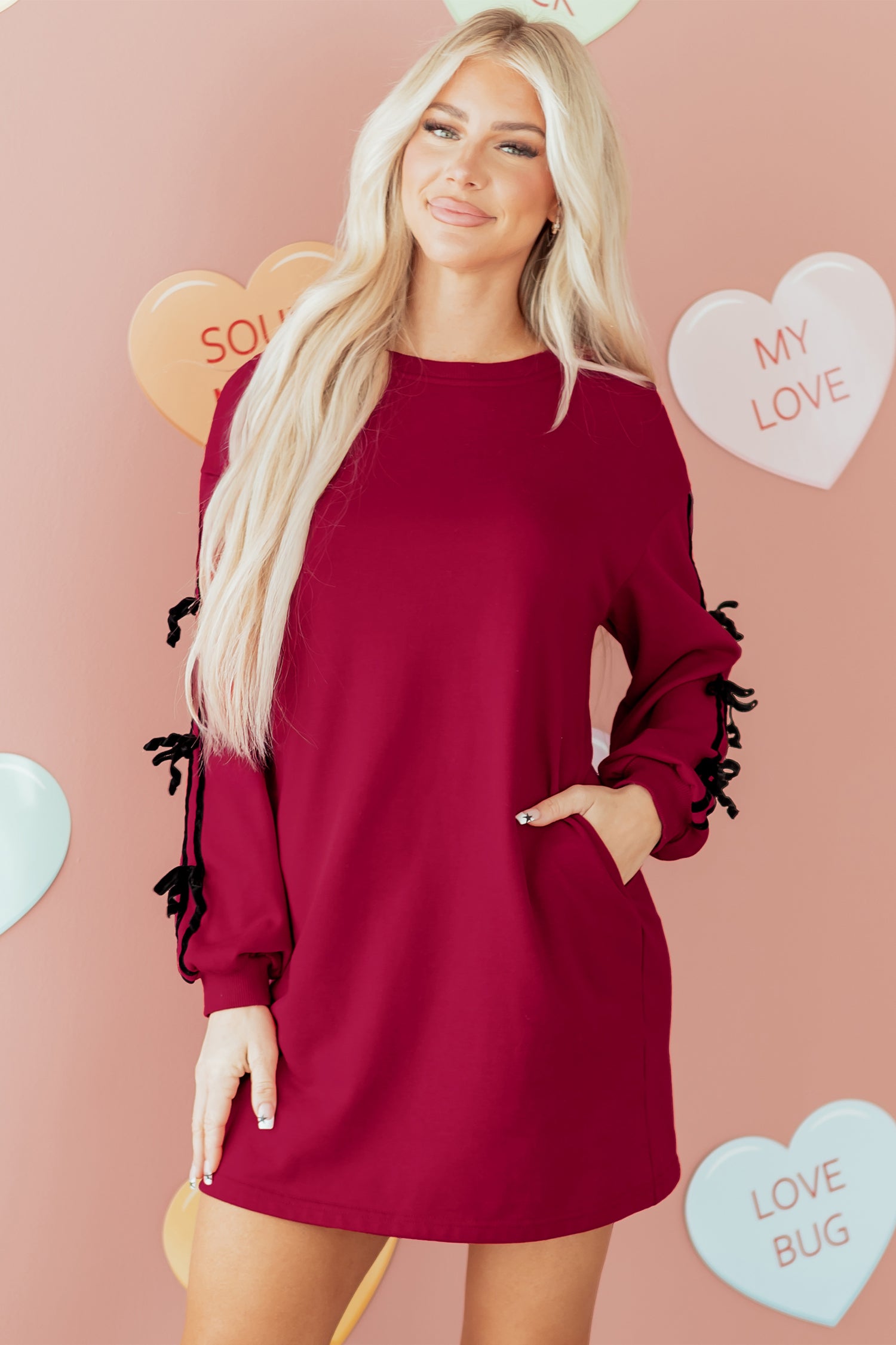 Racing Red Contrast Striped Bow Detail Drop Shoulder Sweatshirt Dress with Pockets-TOPS / DRESSES-[Adult]-[Female]-2022 Online Blue Zone Planet