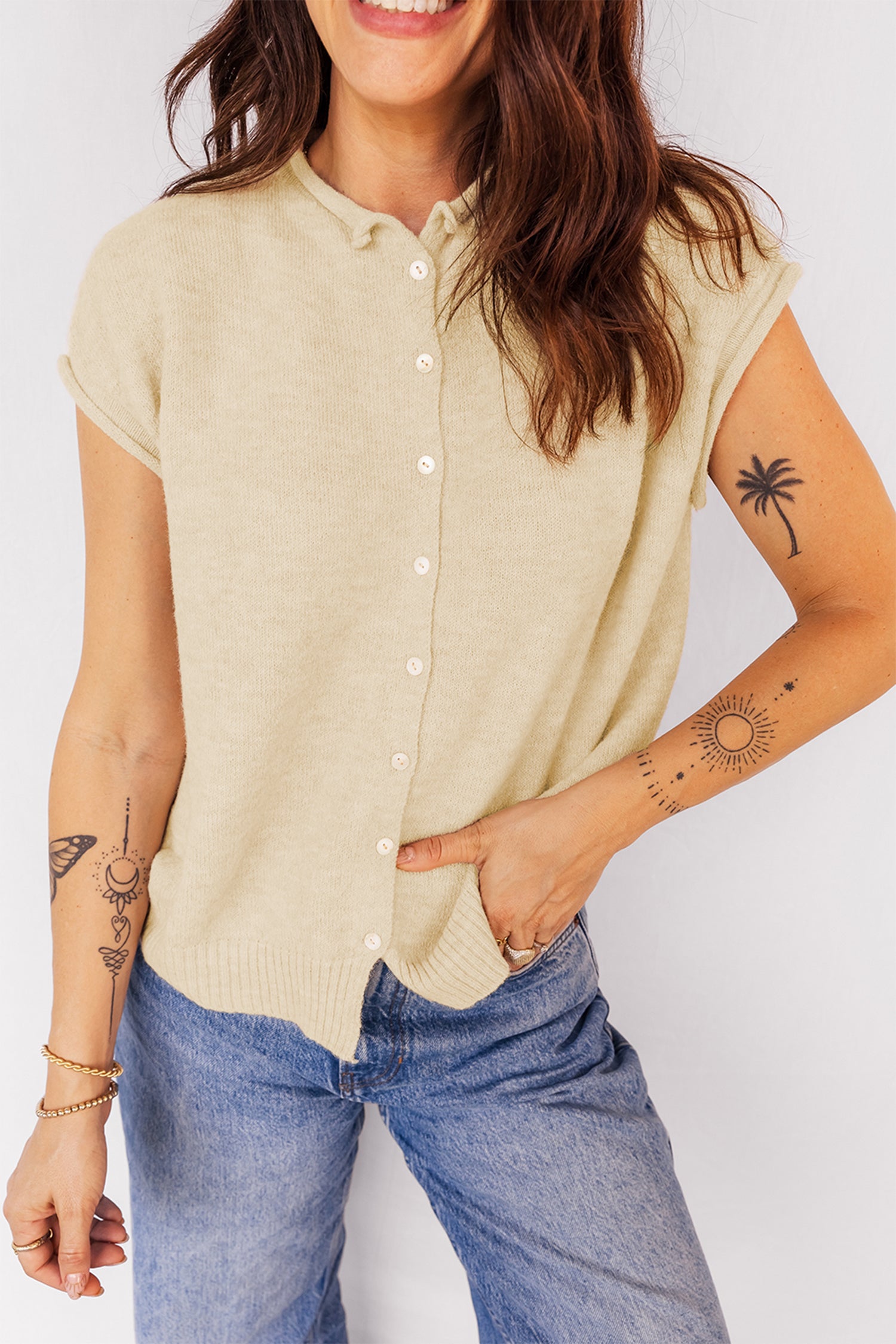 Apricot Buttoned Front Rolled Hem Cap Sleeve Sweater Top-Sweaters & Cardigans/Short Sleeve Sweaters-[Adult]-[Female]-2022 Online Blue Zone Planet