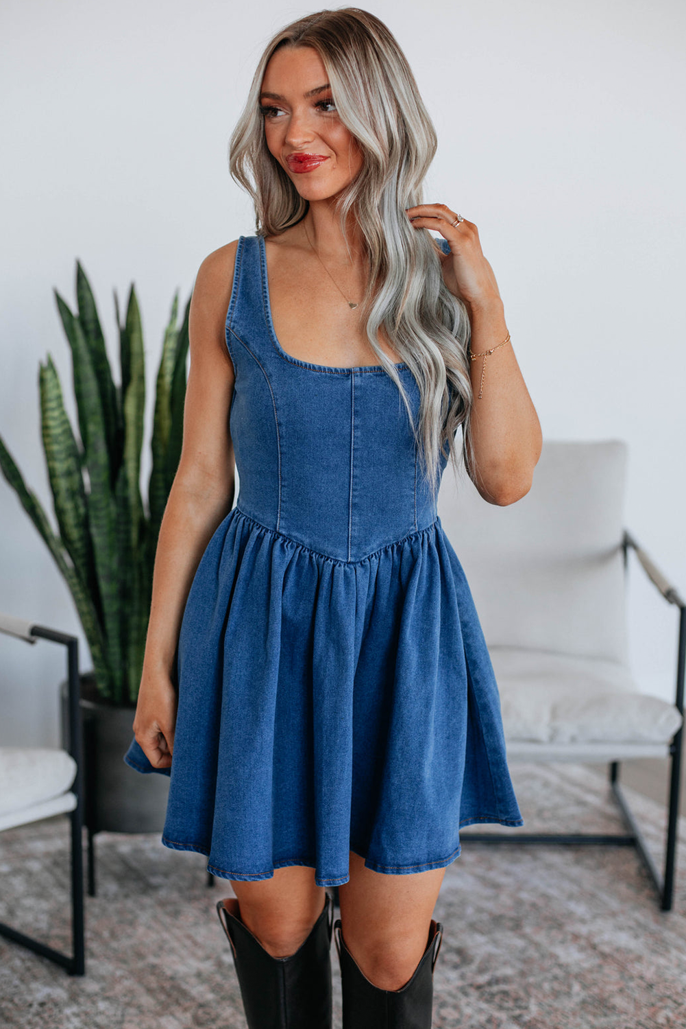 Sail Blue Square Neck Bowknot A-line Sleeveless Denim Dress-TOPS / DRESSES-[Adult]-[Female]-2022 Online Blue Zone Planet