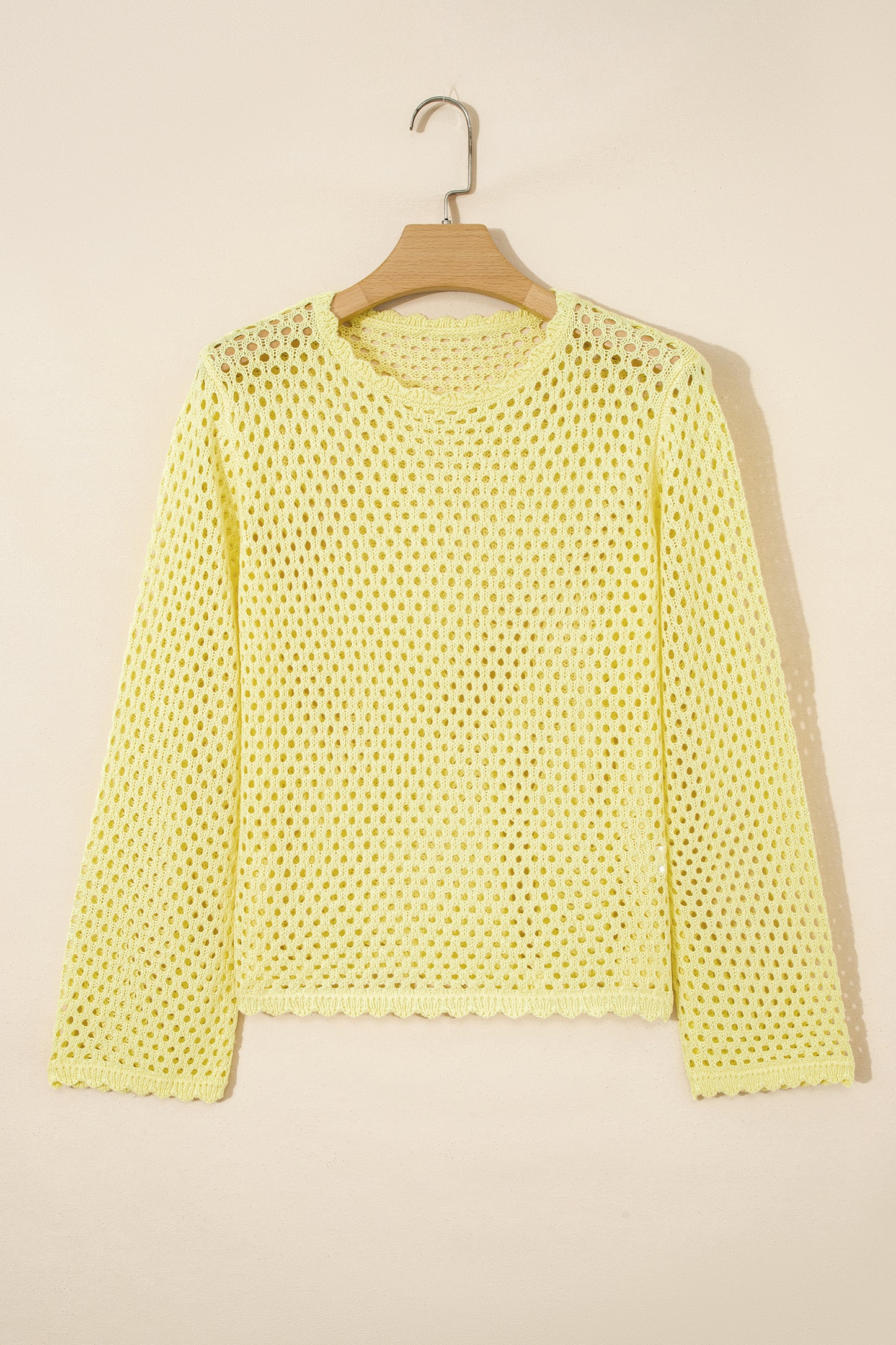 Yellow Cream Scalloped Trim Hollow Out Knit Long Sleeve Top-Sweaters & Cardigans/Sweaters-[Adult]-[Female]-2022 Online Blue Zone Planet
