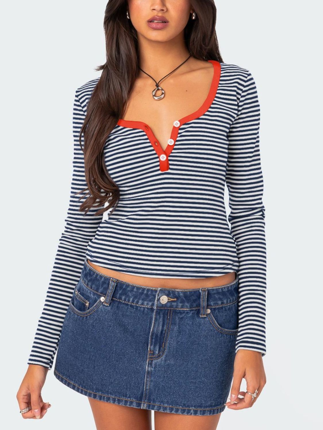 Buttoned Striped Long Sleeve T-Shirt-TOPS / DRESSES-[Adult]-[Female]-Orange-Red-S-2022 Online Blue Zone Planet