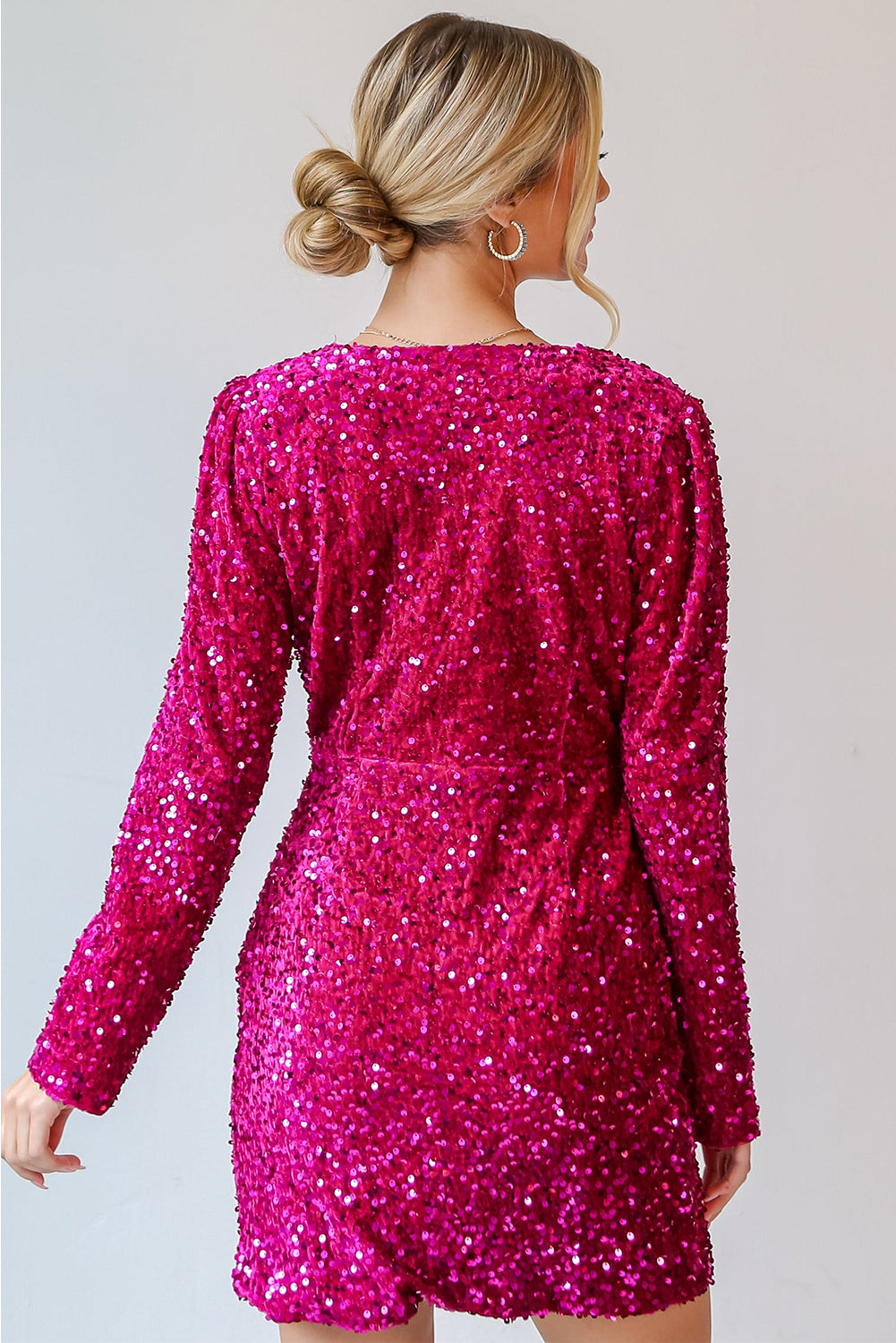 Pitaya Pink Velvet Sequin Long Sleeve V Neck Wrapped Mini Dress-Short Dresses-[Adult]-[Female]-2022 Online Blue Zone Planet