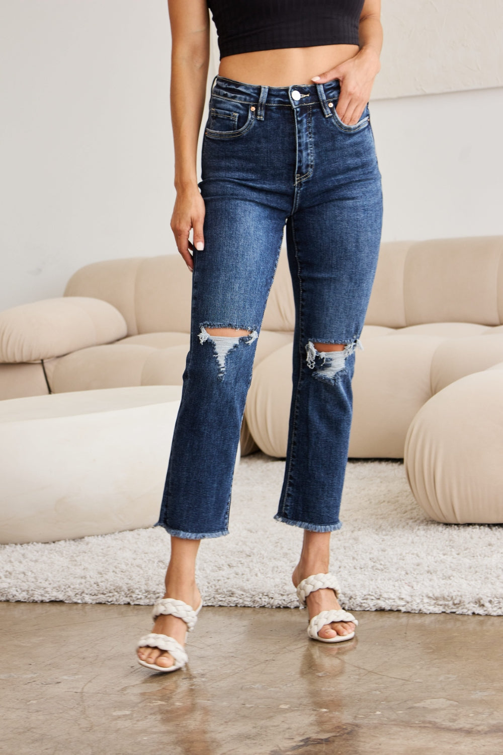 RFM Crop Dylan Full Size Tummy Control Distressed High Waist Raw Hem Jeans-BOTTOM SIZES SMALL MEDIUM LARGE-[Adult]-[Female]-2022 Online Blue Zone Planet