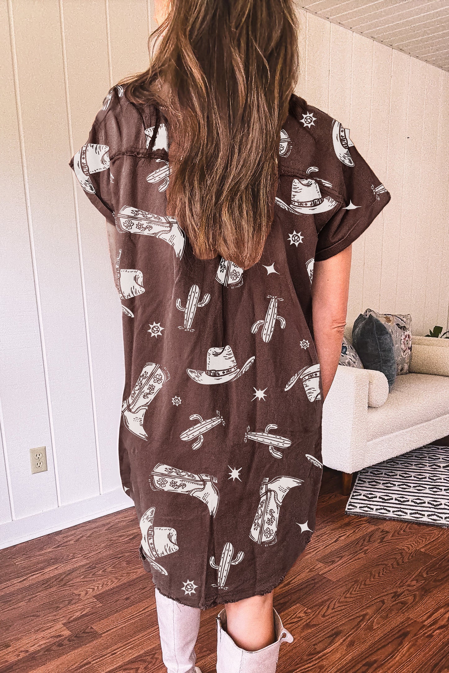 Brown Cowgirl Hats Boots Cactus Print Raw Edge Button Down Short Denim Dress-TOPS / DRESSES-[Adult]-[Female]-2022 Online Blue Zone Planet