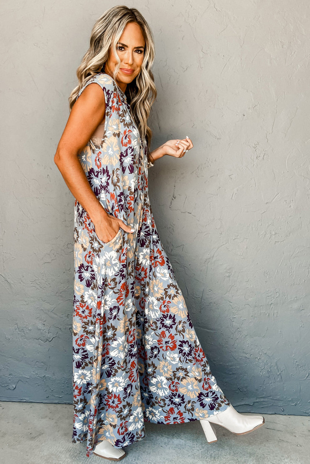 Blue Zone Planet | Sky Blue Floral Sleeveless Buttoned Pocketed Wide Leg Jumpsuit-Bottoms/Jumpsuits & Rompers-[Adult]-[Female]-2022 Online Blue Zone Planet