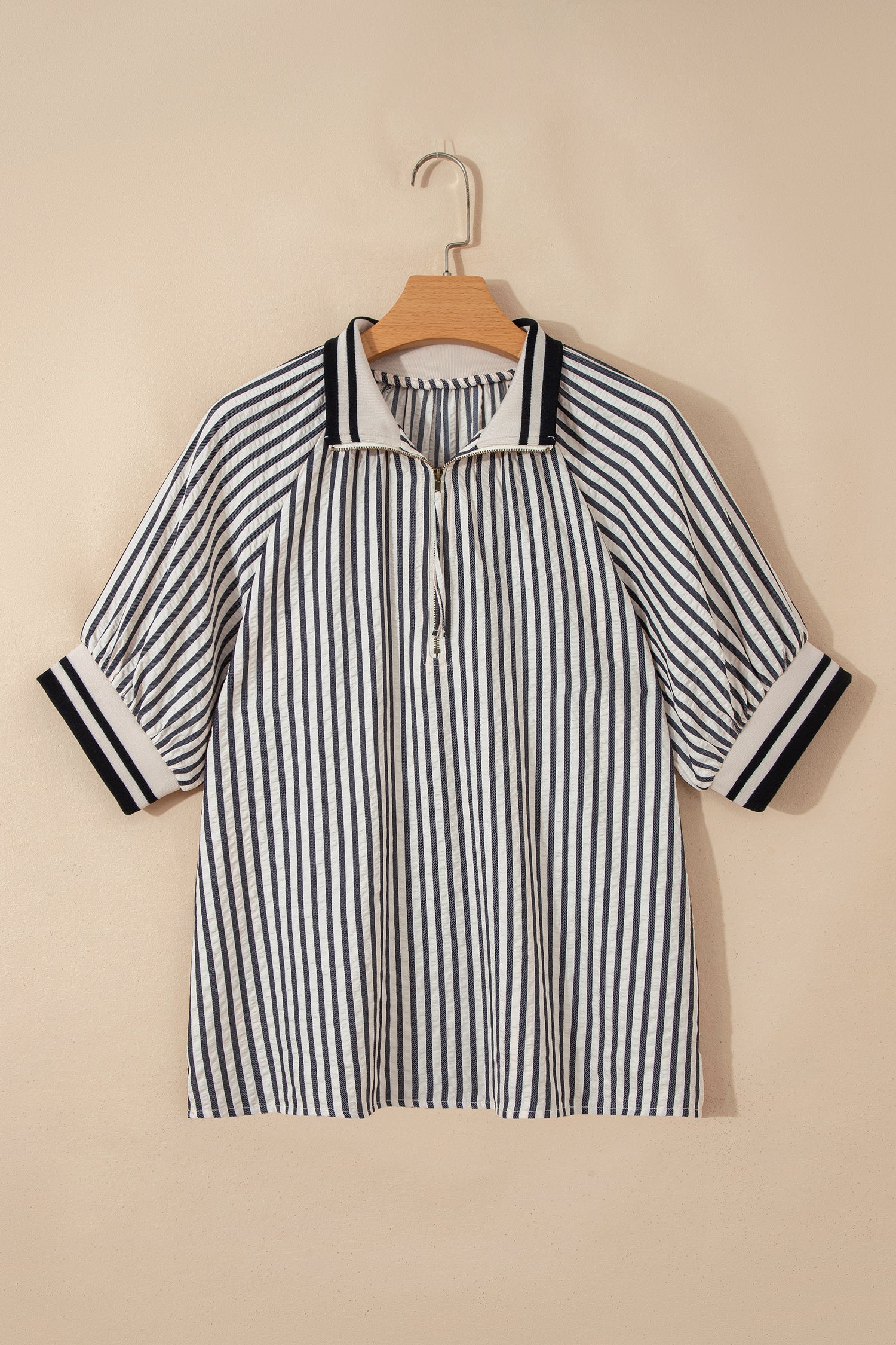 Black Stripe Polo Collar Half Zip Short Puff Sleeve Blouse-Tops/Blouses & Shirts-[Adult]-[Female]-2022 Online Blue Zone Planet
