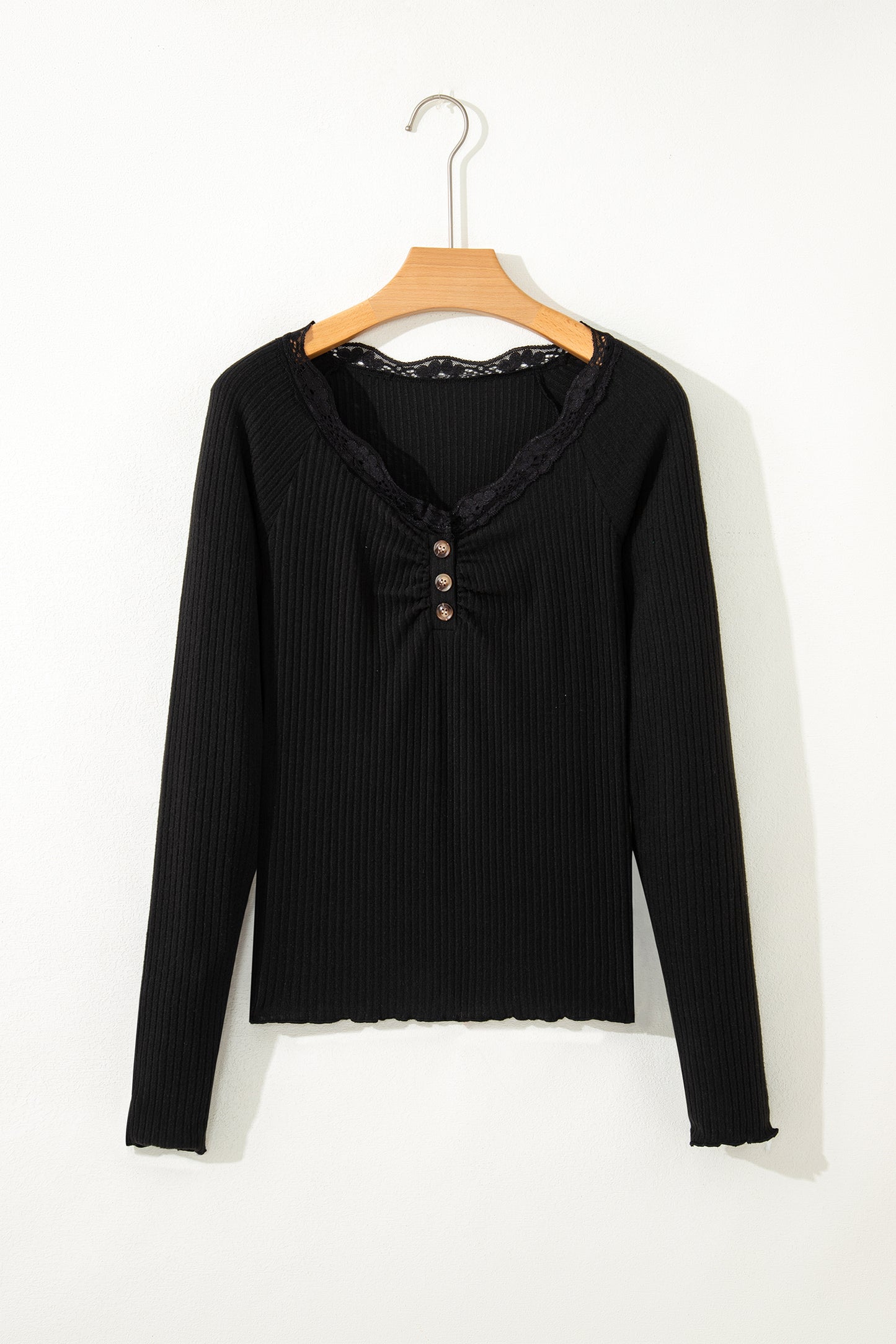Black Lace Neckline Button Decor Lettuce Edge Long Sleeve Ribbed Top-Tops/Long Sleeve Tops-[Adult]-[Female]-2022 Online Blue Zone Planet
