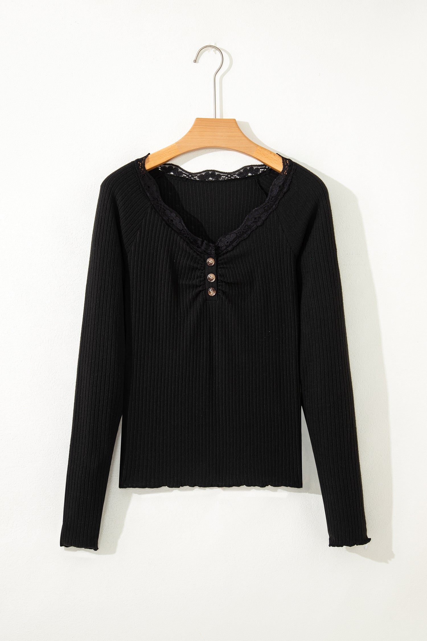 Black Lace Neckline Button Decor Lettuce Edge Long Sleeve Ribbed Top-Tops/Long Sleeve Tops-[Adult]-[Female]-2022 Online Blue Zone Planet