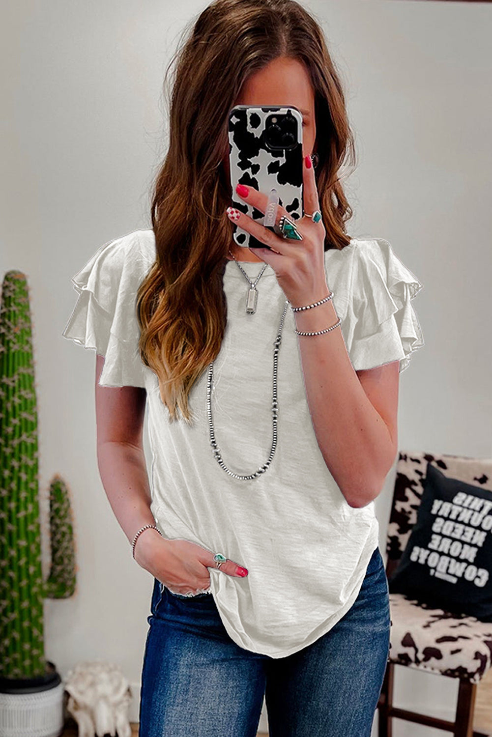 White Layered Ruffle Short Sleeve Round Neck Top-Tops/Tops & Tees-[Adult]-[Female]-2022 Online Blue Zone Planet