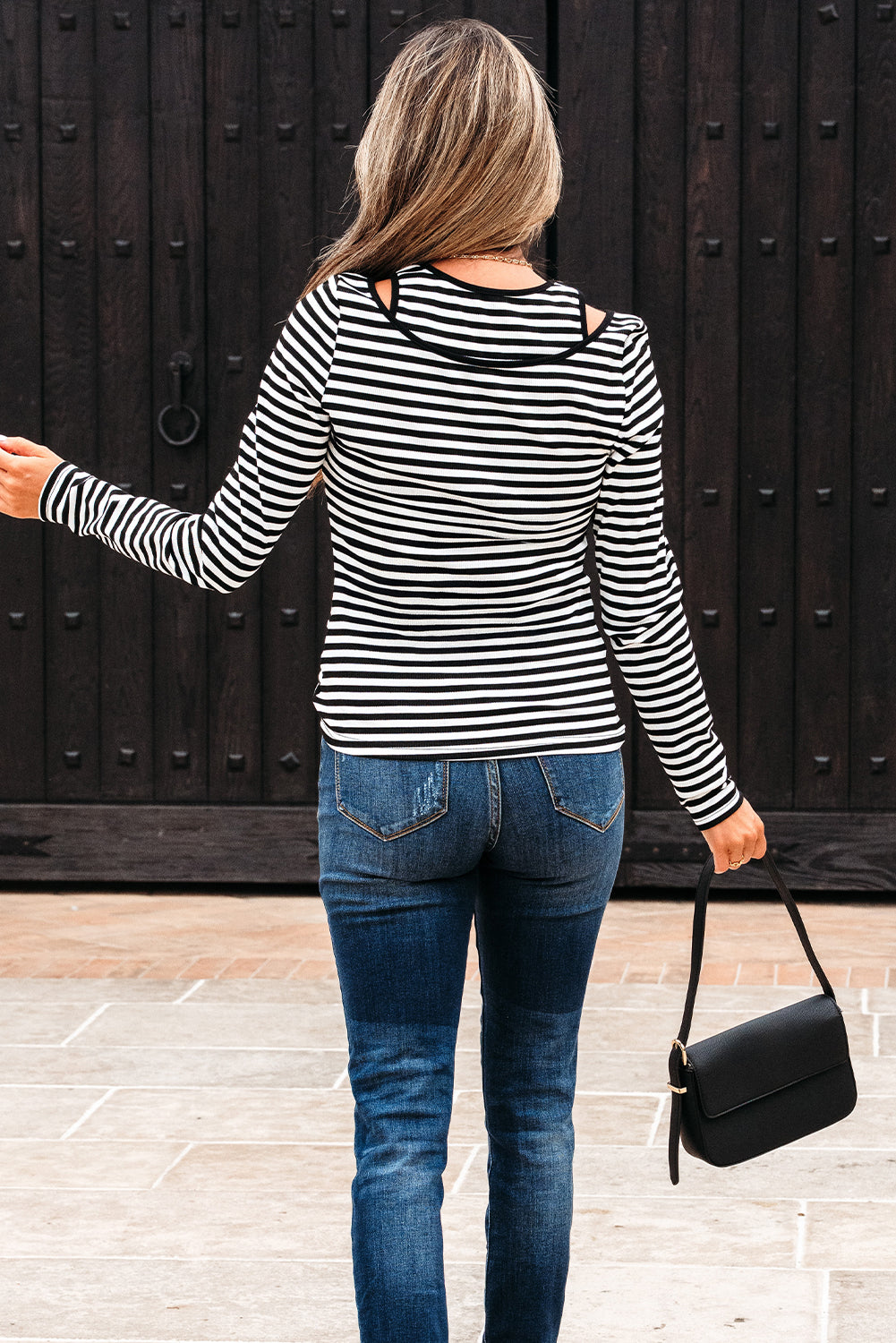 Black Stripe Double-layer Cold Shoulder Long Sleeve Top-Tops/Long Sleeve Tops-[Adult]-[Female]-2022 Online Blue Zone Planet