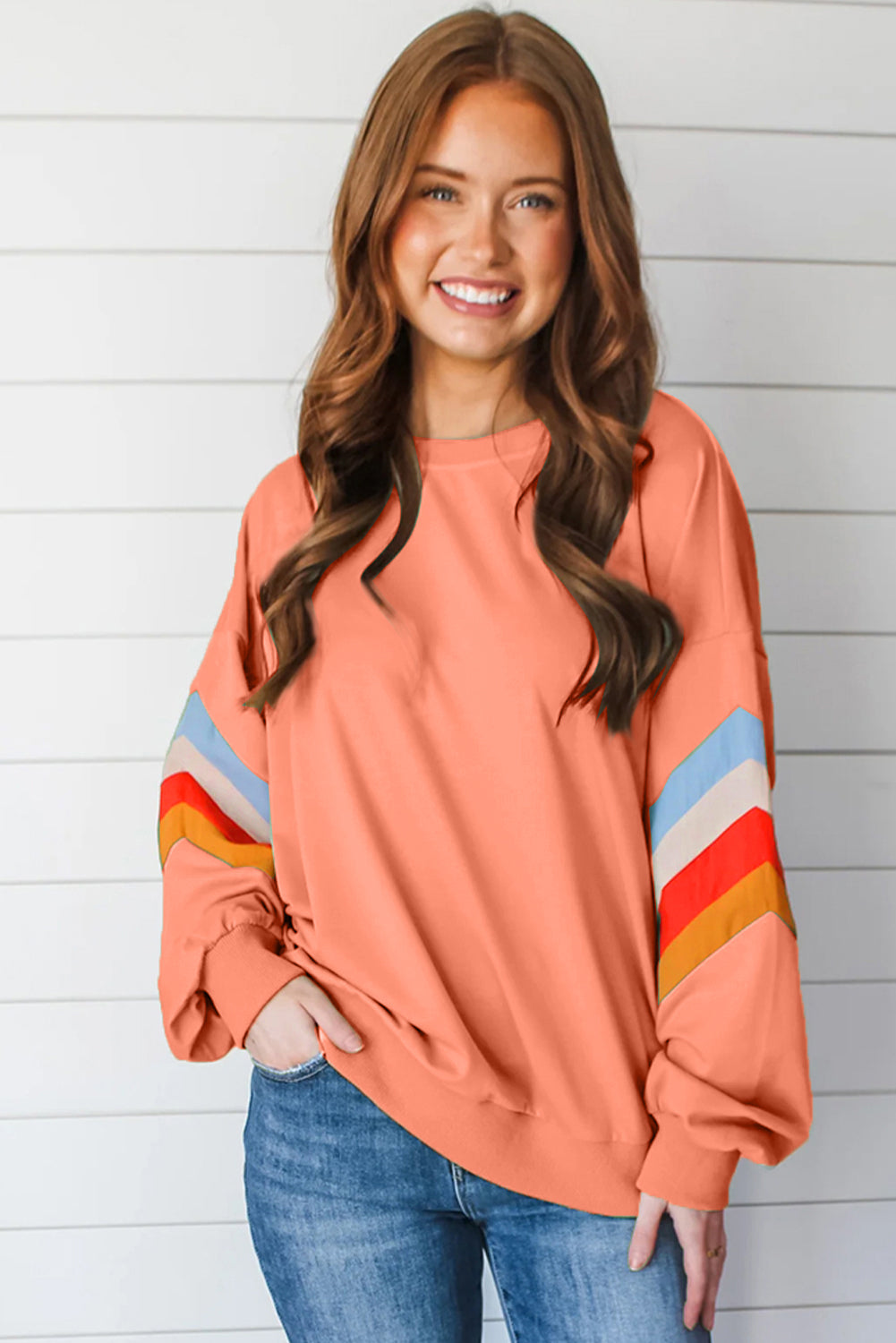 Flamingo Rainbow Striped Sleeve Crew Neck Loose Sweatshirt-Tops/Sweatshirts & Hoodies-[Adult]-[Female]-2022 Online Blue Zone Planet