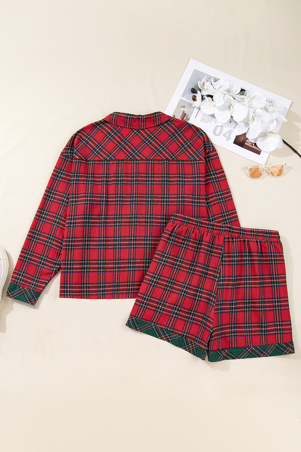 Red Plus Size Plaid Contrast Patchwork Long Sleeve Shirt and Shorts 2pcs Pajama Set-Plus Size/Plus Size Loungewear-[Adult]-[Female]-2022 Online Blue Zone Planet