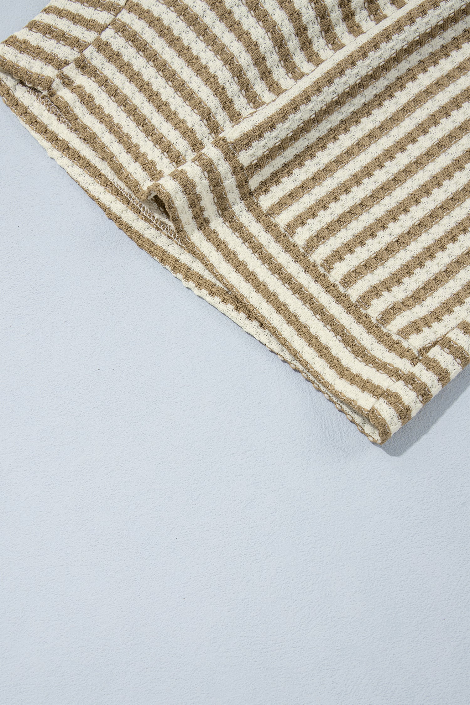 Brown Stripe Textured Knit Long Sleeve Top Elastic Waist Shorts Casual Outfit-Two Piece Sets/Short Sets-[Adult]-[Female]-2022 Online Blue Zone Planet