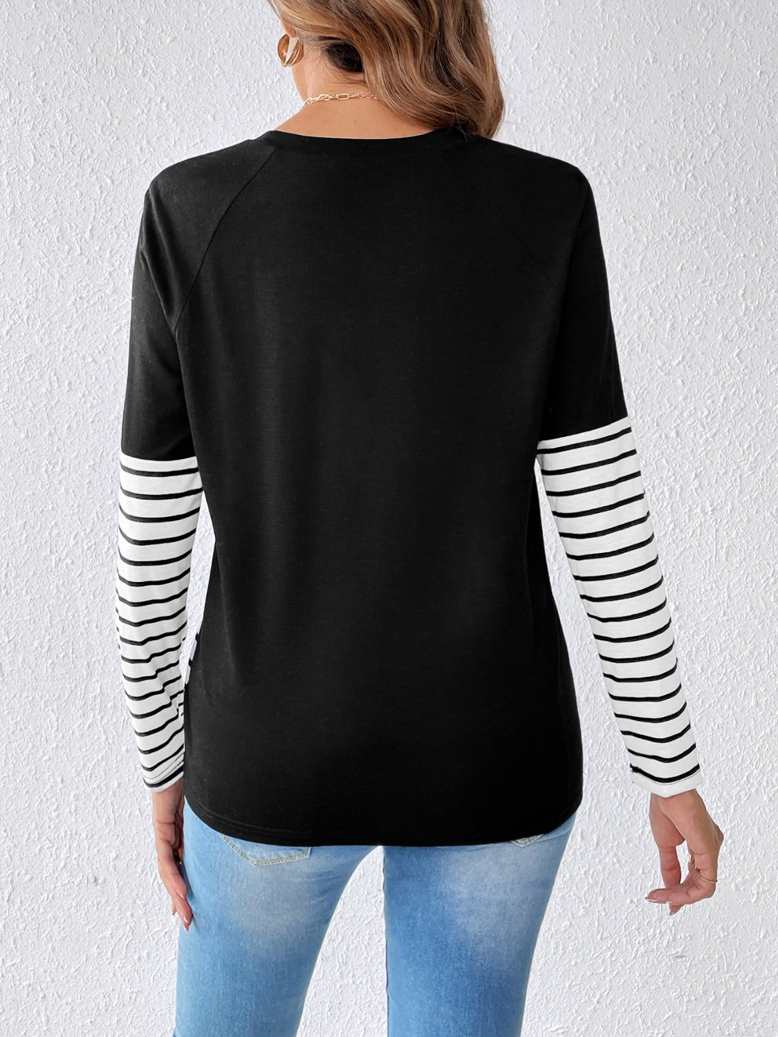 Striped Contrast Round Neck Long Sleeve T-Shirt-TOPS / DRESSES-[Adult]-[Female]-2022 Online Blue Zone Planet