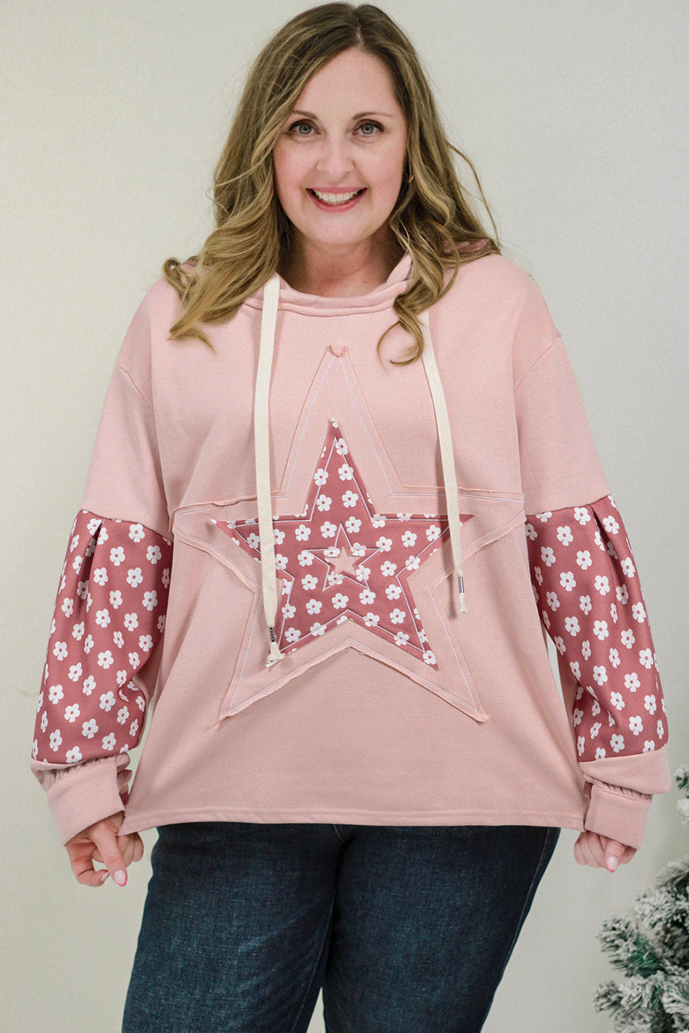 Delicacy Star Patch Graphic Floral Color Block Drawstring Plus Size Hoodie-Tops / Dresses-[Adult]-[Female]-2022 Online Blue Zone Planet