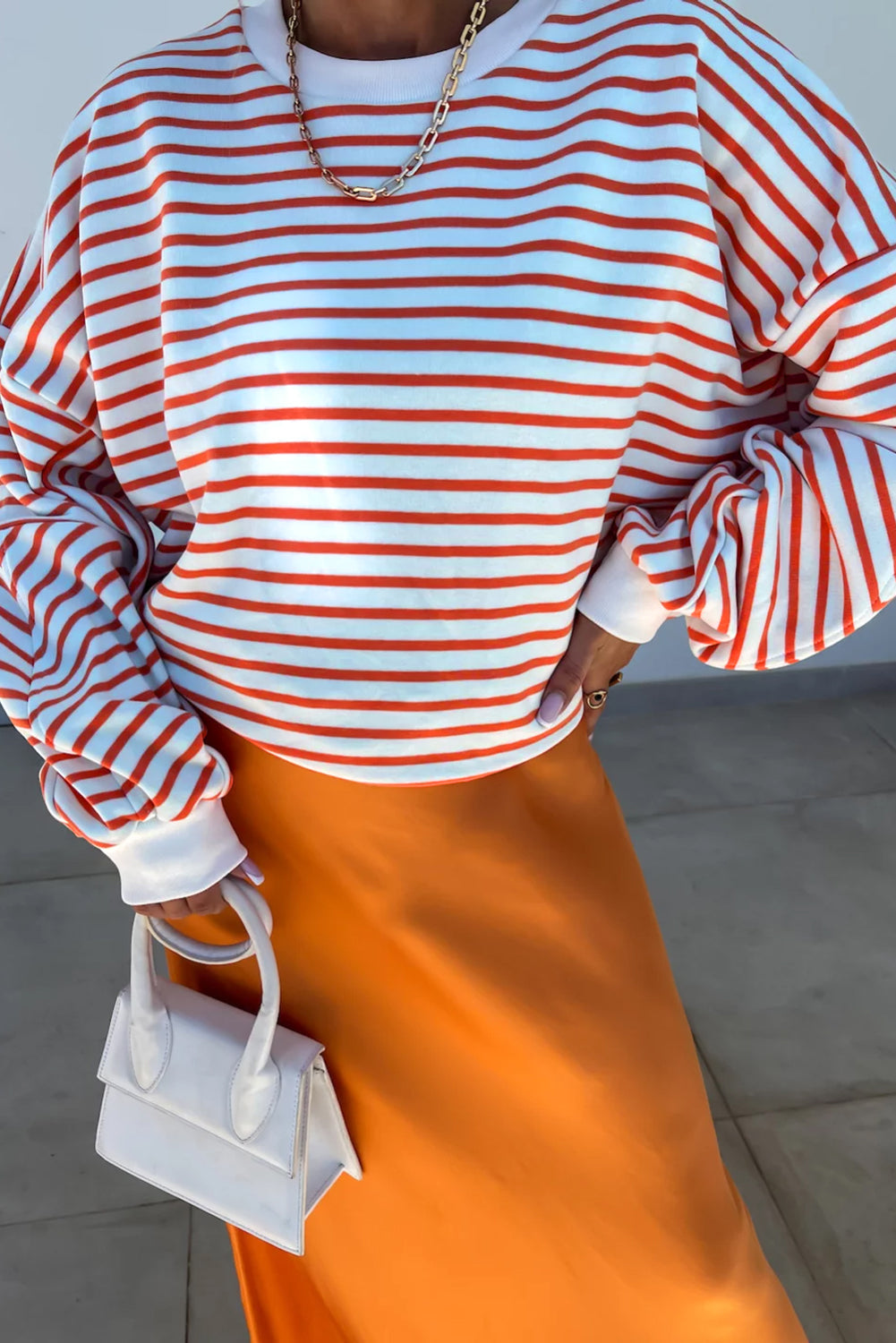 Orange Stripe Drop Shoulder Crew Neck Loose Sweatshirt-Tops/Sweatshirts & Hoodies-[Adult]-[Female]-2022 Online Blue Zone Planet