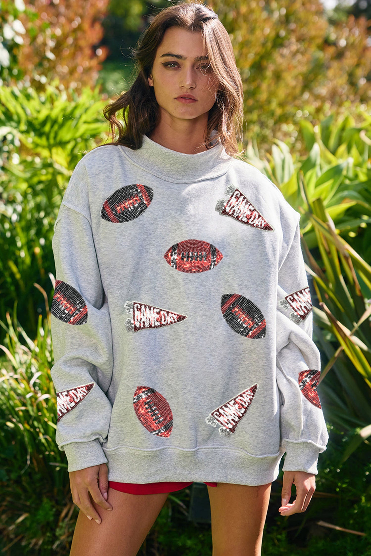 Light Grey Sequin Rugby Game Day High Neck Baggy Sweatshirt-Graphic/Graphic Sweatshirts-[Adult]-[Female]-2022 Online Blue Zone Planet