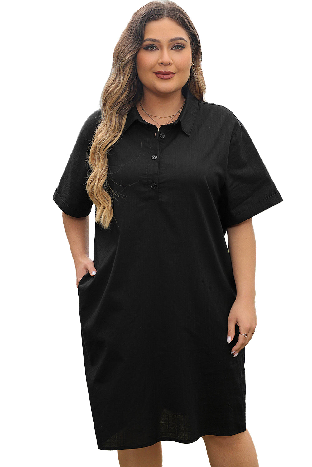 Black Plus Size Shirt Collar Buttoned Short Sleeve Shift Dress-TOPS / DRESSES-[Adult]-[Female]-2022 Online Blue Zone Planet