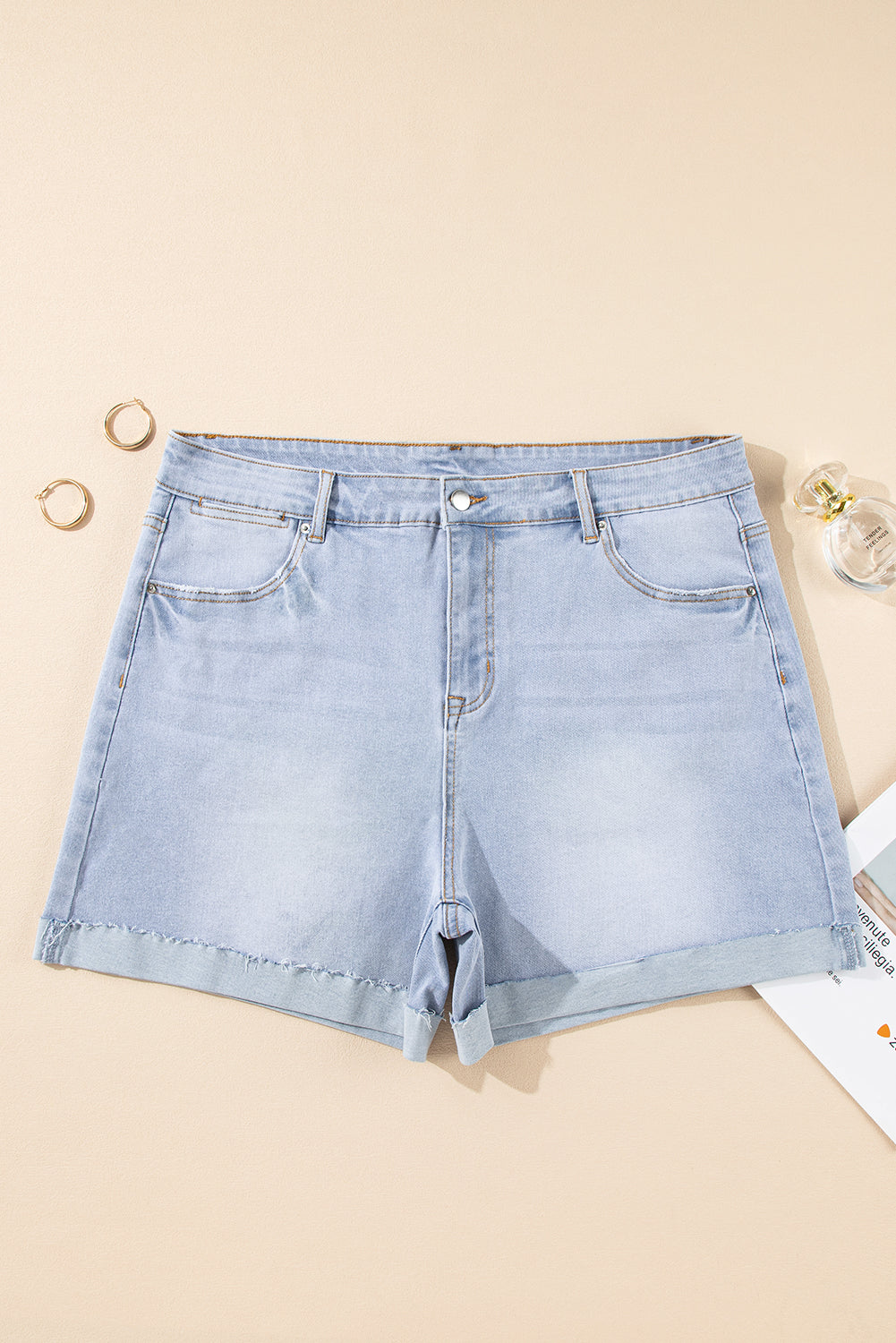 Beau Blue Folded Edge High Waist Plus Size Denim Shorts-Plus Size/Plus Size Bottoms-[Adult]-[Female]-2022 Online Blue Zone Planet
