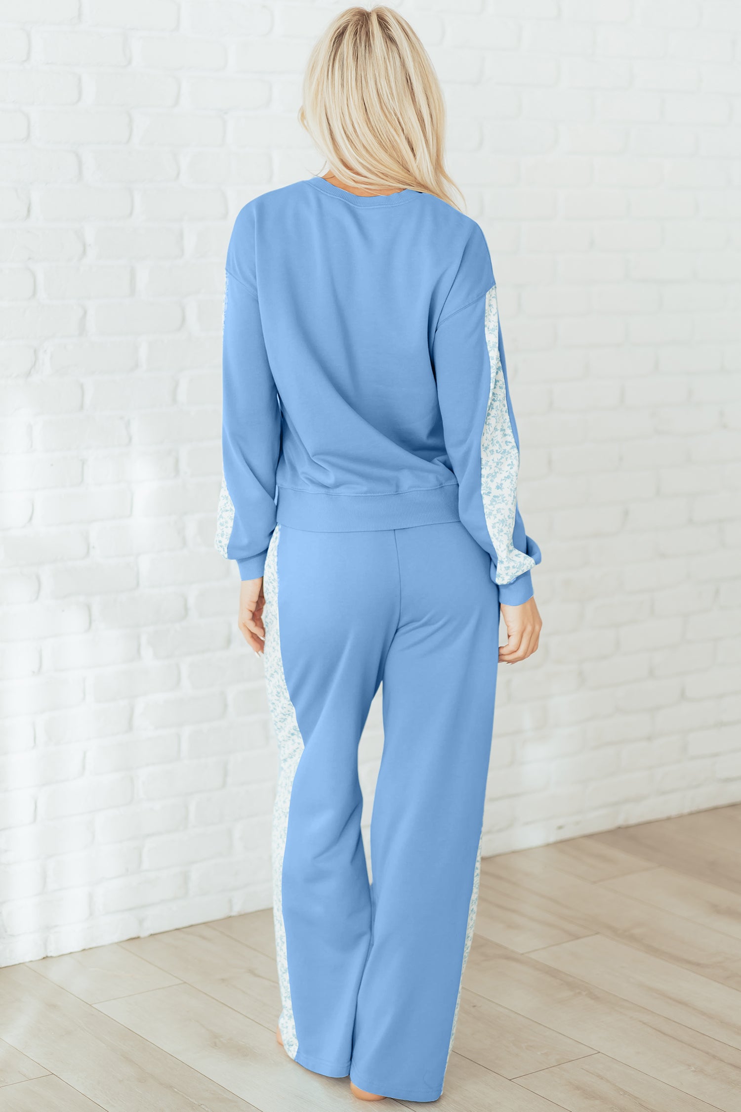 Beau Blue Floral Patchwork Drop Shoulder Pullover and Sweatpants Lounge Set-Loungewear & Sleepwear/Loungewear-[Adult]-[Female]-2022 Online Blue Zone Planet