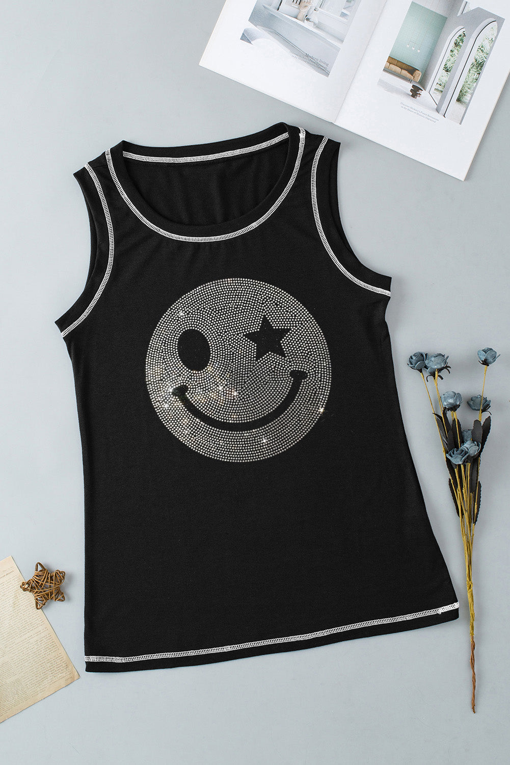 Blue Zone Planet | Rhinestone Smile Face Round Neck Tank-TOPS / DRESSES-[Adult]-[Female]-2022 Online Blue Zone Planet