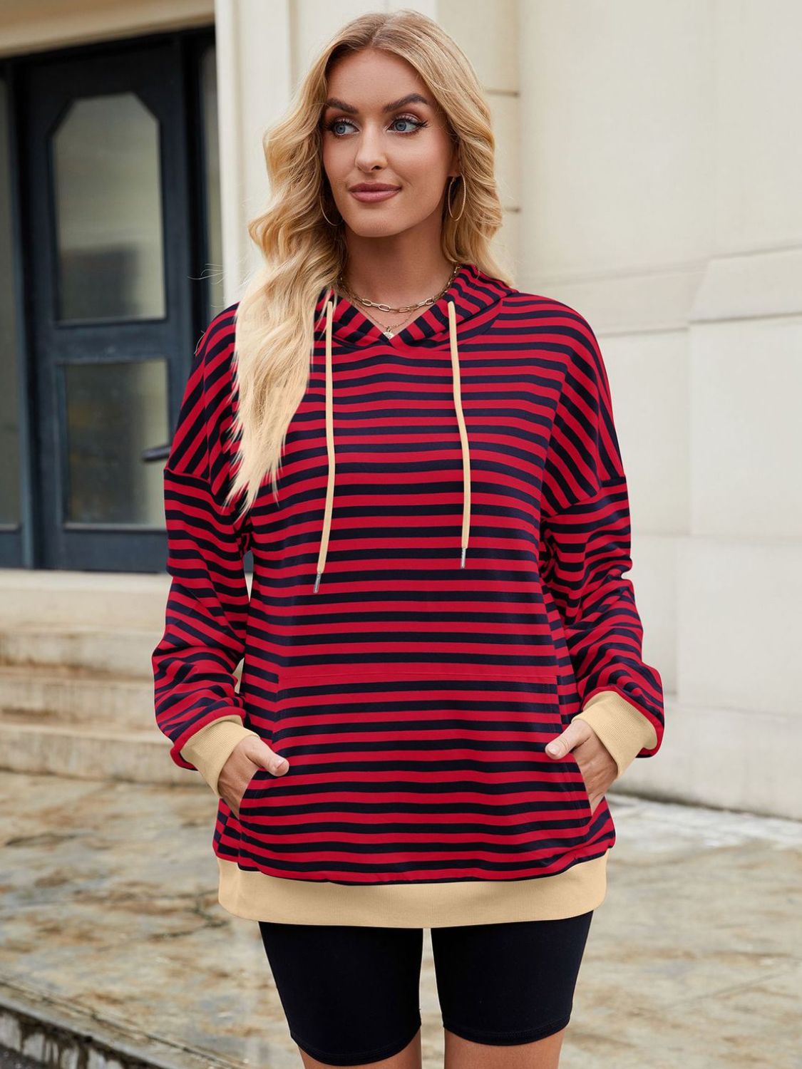 Drawstring Contrast Striped Long Sleeve Hoodie-TOPS / DRESSES-[Adult]-[Female]-2022 Online Blue Zone Planet