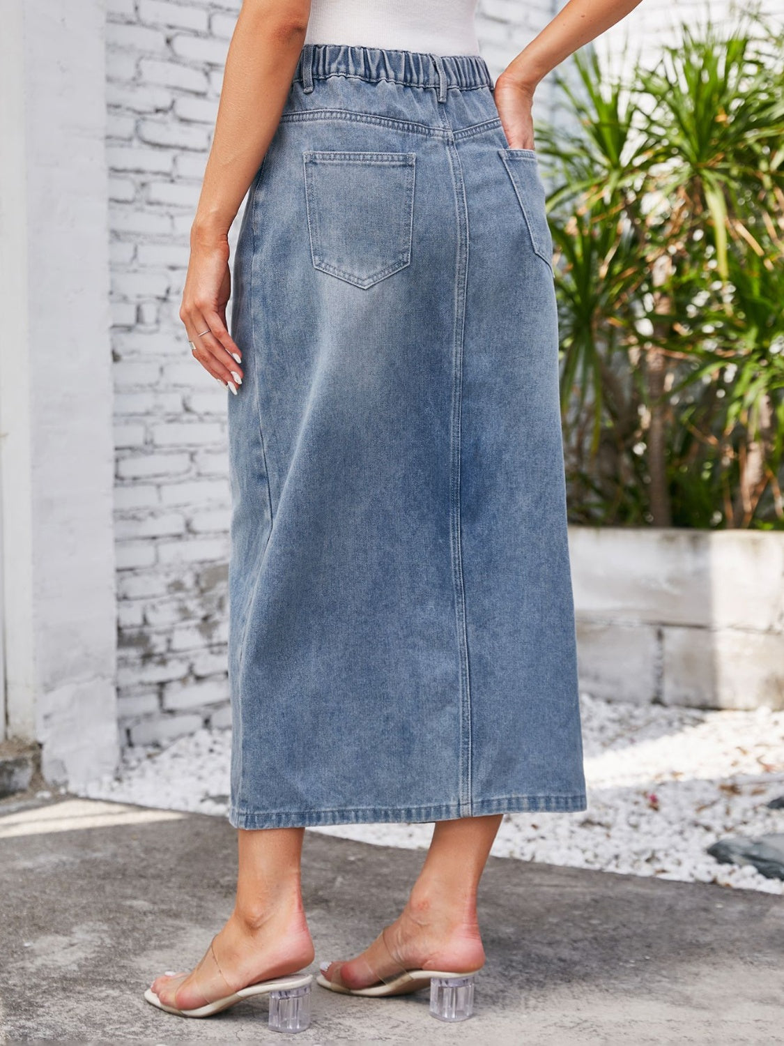 Slit Midi Denim Skirt with Pockets-BOTTOMS SIZES SMALL MEDIUM LARGE-[Adult]-[Female]-2022 Online Blue Zone Planet