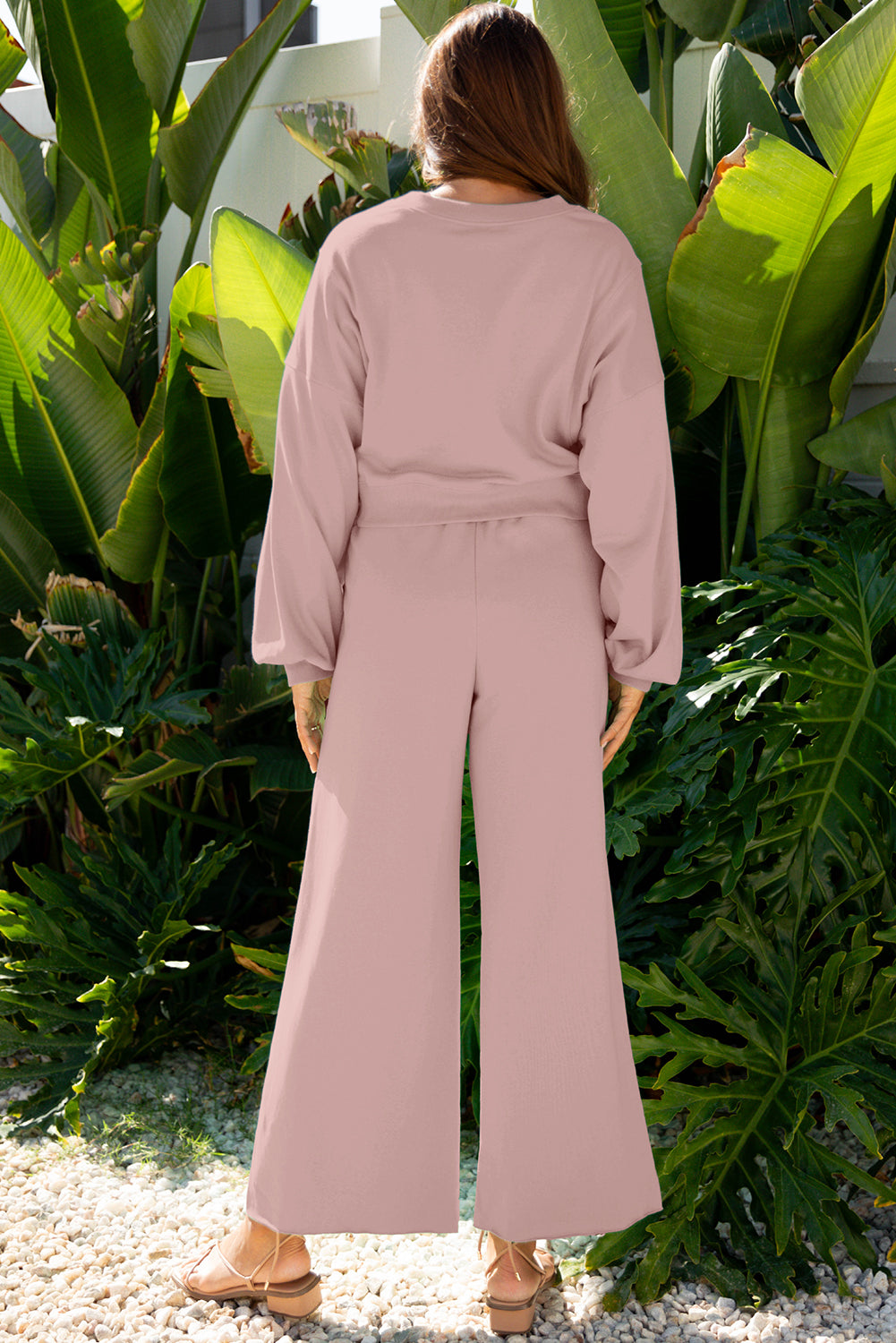 Light Pink Drop Shoulder Puff Sleeve Crop Pullover Drawstring Wide Leg Pants Set-Two Piece Sets/Pant Sets-[Adult]-[Female]-2022 Online Blue Zone Planet