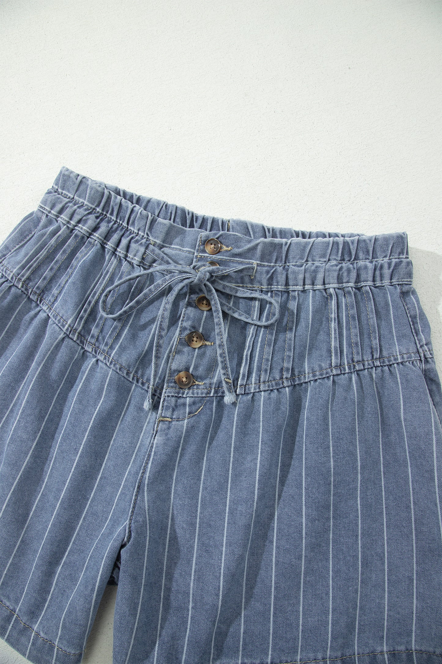 Sky Blue Stripe Drawstring Button Pleated High Waist Denim Shorts-Bottoms/Denim Shorts-[Adult]-[Female]-2022 Online Blue Zone Planet