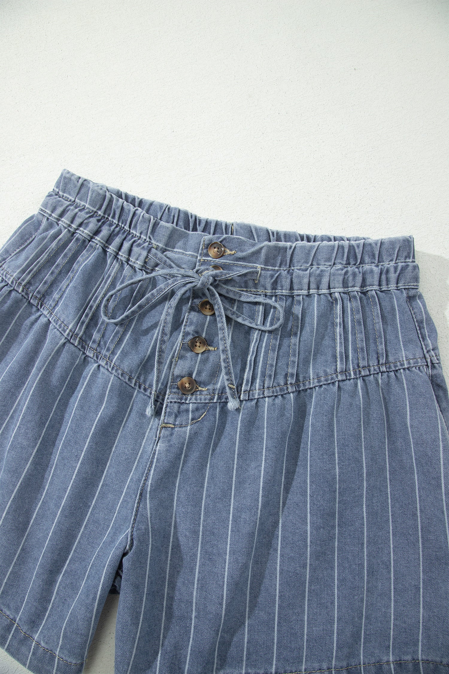 Sky Blue Stripe Drawstring Button Pleated High Waist Denim Shorts-Bottoms/Denim Shorts-[Adult]-[Female]-2022 Online Blue Zone Planet