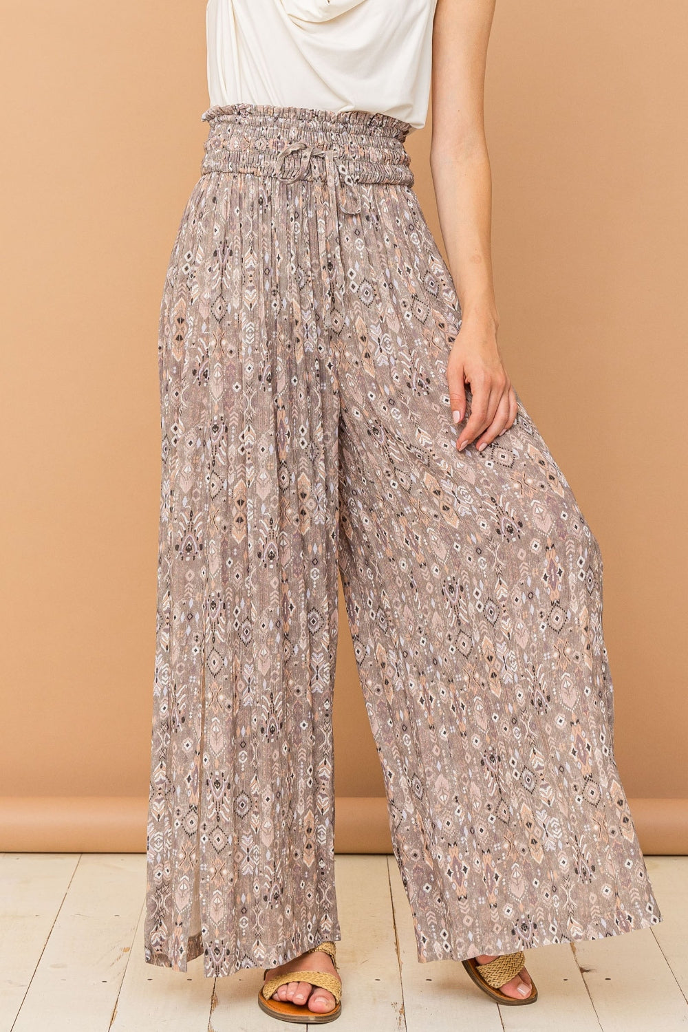 Blue Zone Planet | And The Why Printed Smocked Waist Slit Wide Leg Pants-BOTTOMS SIZES SMALL MEDIUM LARGE-[Adult]-[Female]-2022 Online Blue Zone Planet