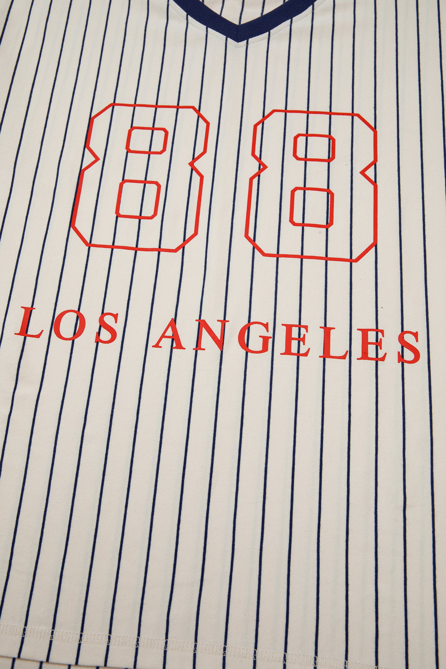 Blue Stripe 88 Los Angel Graphic Lace Patchwork Faux Two Piece V Neck Top-Tops/Long Sleeve Tops-[Adult]-[Female]-2022 Online Blue Zone Planet