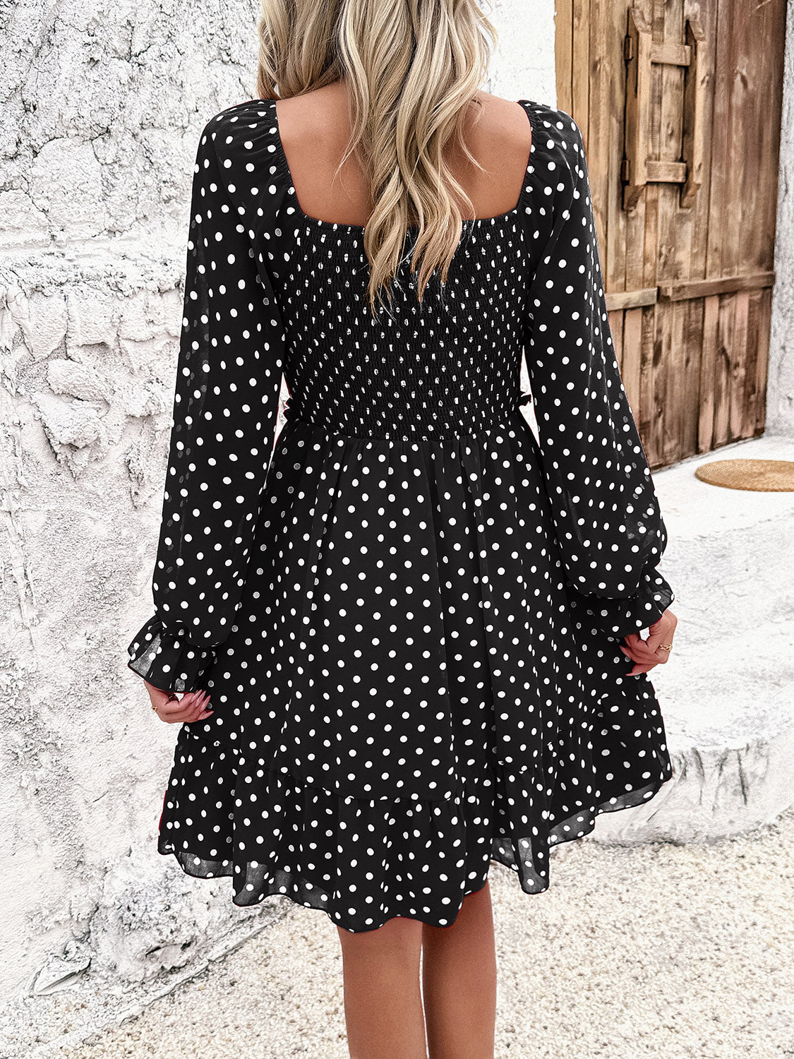 Smocked Polka Dot Long Sleeve Dress-TOPS / DRESSES-[Adult]-[Female]-2022 Online Blue Zone Planet