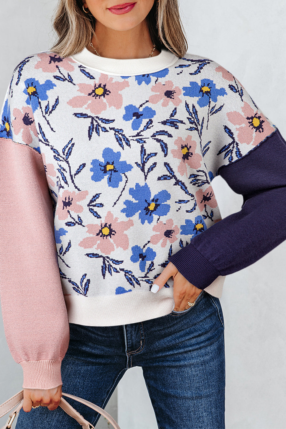 Khaki Floral Panel Colorblock Sleeve Patchwork Sweater-Sweaters & Cardigans/Sweaters-[Adult]-[Female]-Khaki-S-2022 Online Blue Zone Planet