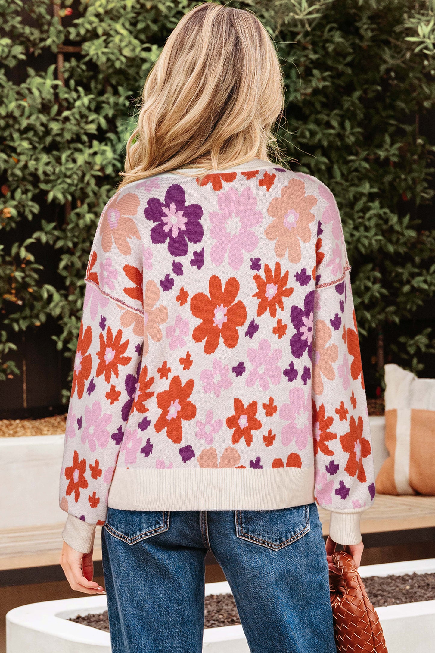 Khaki Fall Floral Pattern Drop Shoulder Sweater-TOPS / DRESSES-[Adult]-[Female]-2022 Online Blue Zone Planet