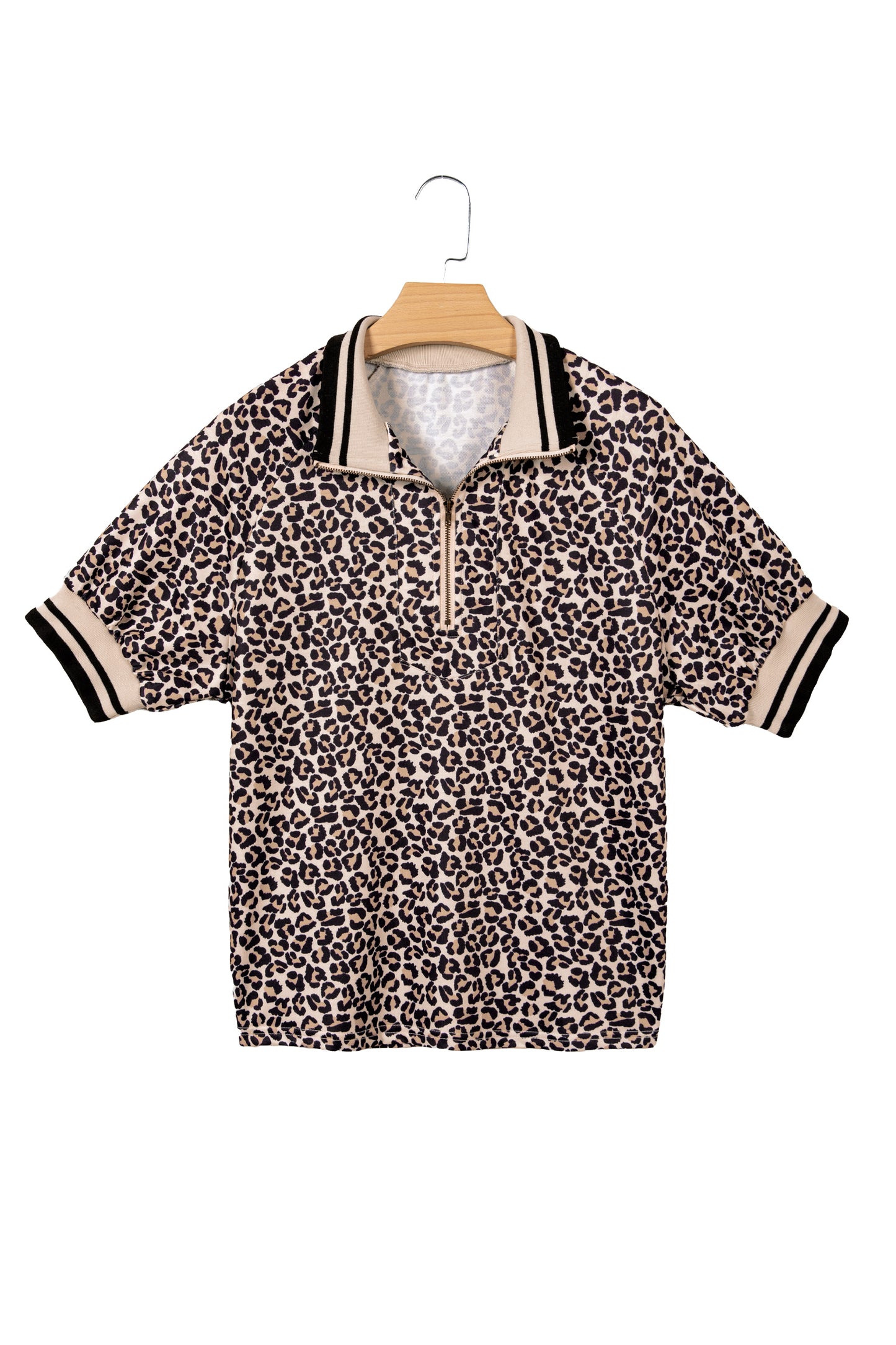 Brown Leopard Print Half Zip Striped Trim Patchwork Short Sleeve Top-Tops/Blouses & Shirts-[Adult]-[Female]-2022 Online Blue Zone Planet