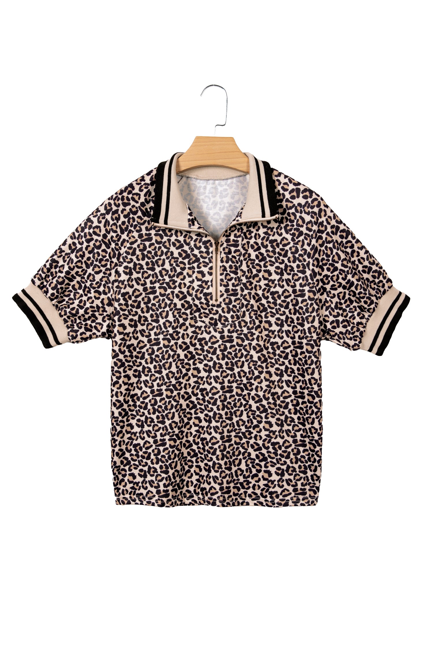 Brown Leopard Print Half Zip Striped Trim Patchwork Short Sleeve Top-Tops/Blouses & Shirts-[Adult]-[Female]-2022 Online Blue Zone Planet