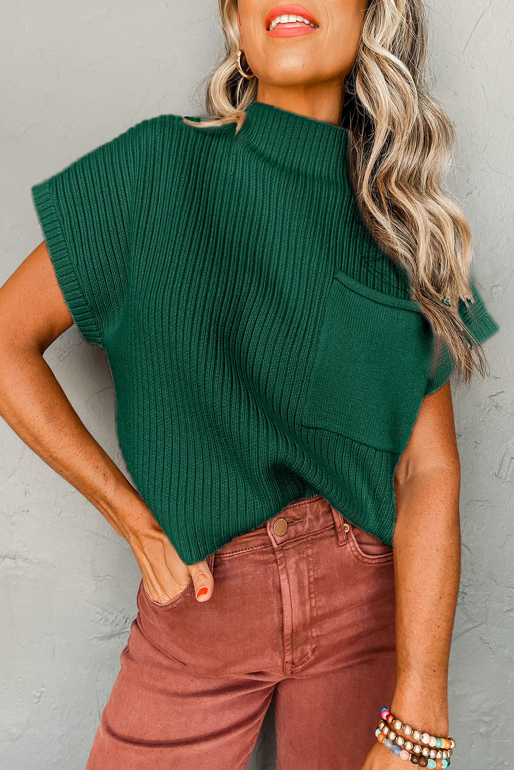 Blue Zone Planet | Rose Red Patch Pocket Ribbed Knit Short Sleeve Sweater-Sweaters & Cardigans/Short Sleeve Sweaters-[Adult]-[Female]-Blackish Green-S-2022 Online Blue Zone Planet