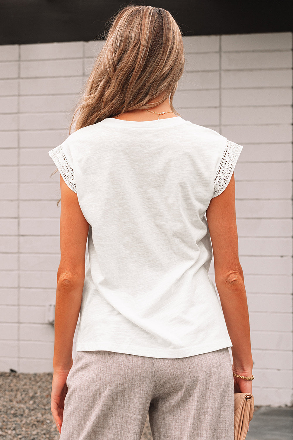 White Lace Patchwork Cap Sleeve Round Neck T Shirt-Tops/Tops & Tees-[Adult]-[Female]-2022 Online Blue Zone Planet