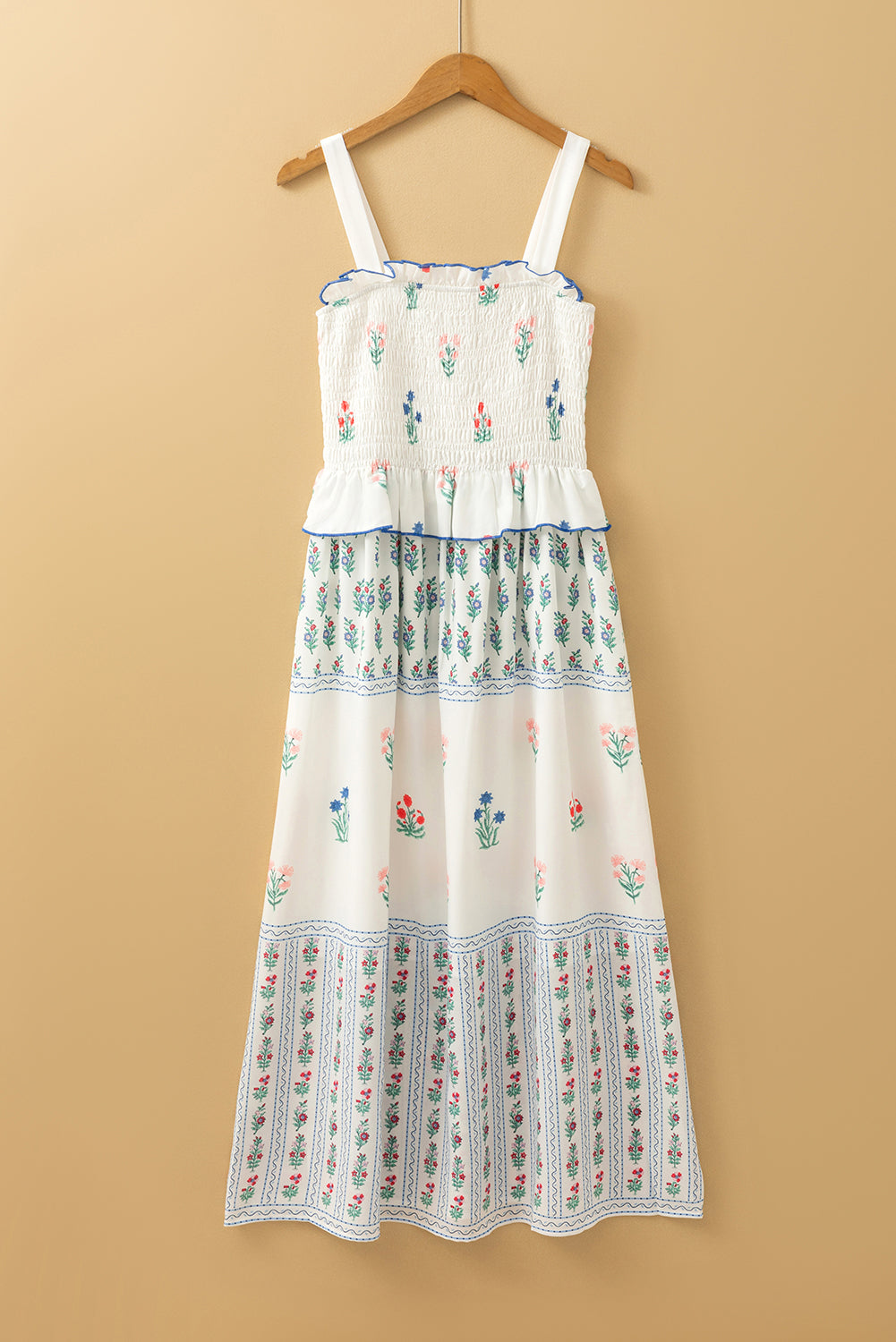 White Floral Print Frill Smocked Bodice Boho Dress-Maxi Dresses-[Adult]-[Female]-2022 Online Blue Zone Planet