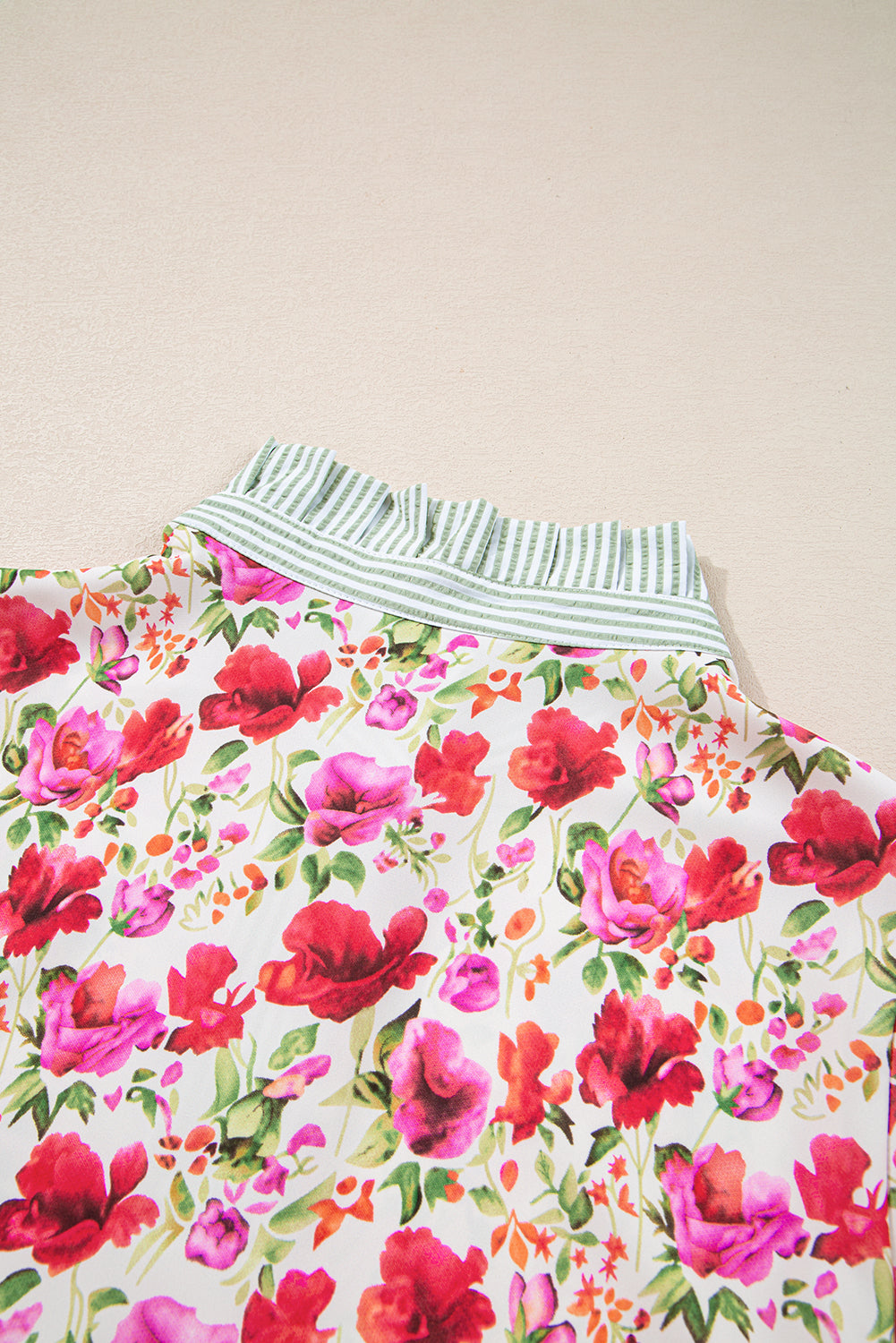 Red Floral Print Striped Patchwork Collared Short Sleeve Blouse-Tops/Blouses & Shirts-[Adult]-[Female]-2022 Online Blue Zone Planet