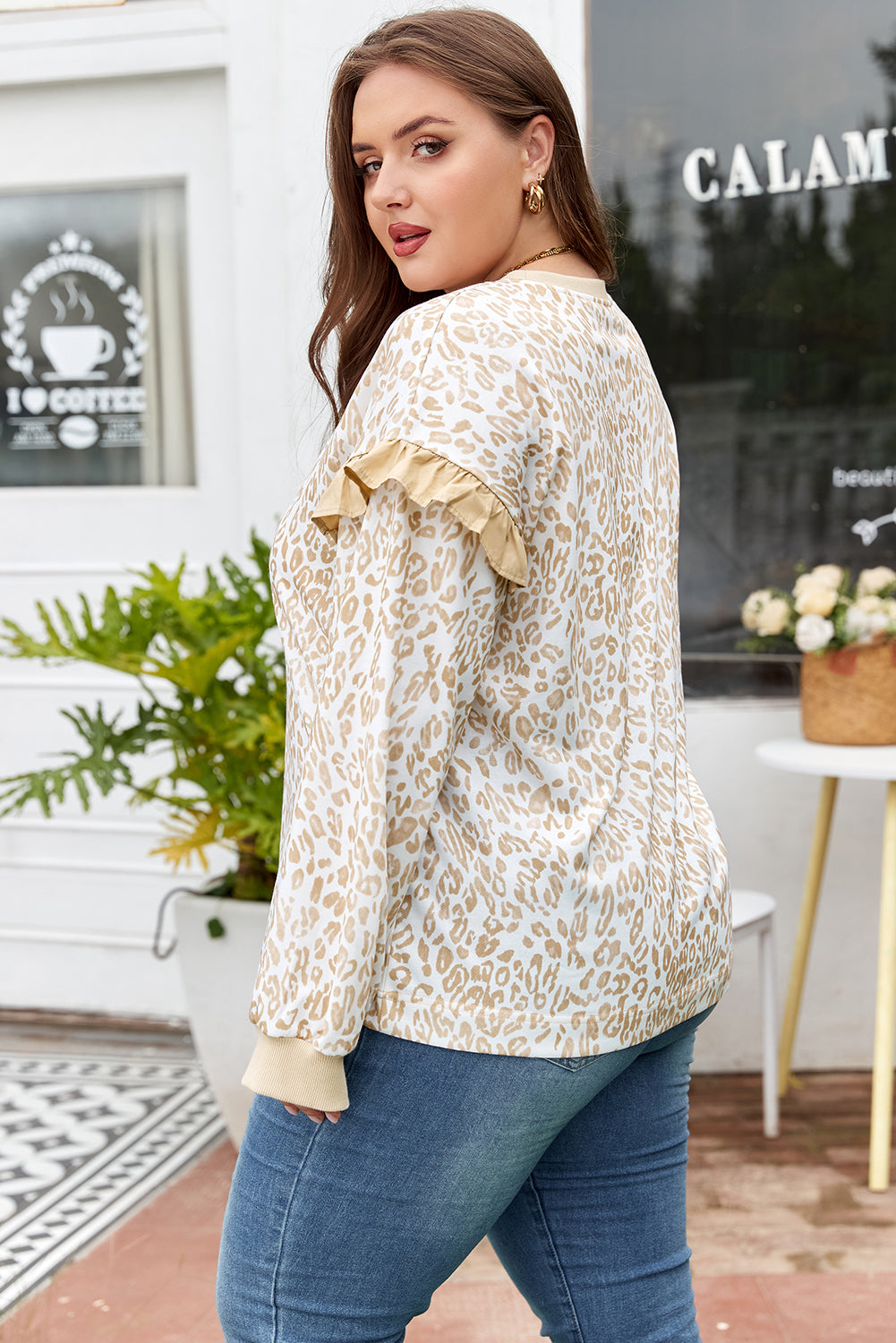 Khaki Plus Size Ruffled Arm Leopard Sweatshirt-Plus Size/Plus Size Sweatshirts & Hoodies-[Adult]-[Female]-2022 Online Blue Zone Planet