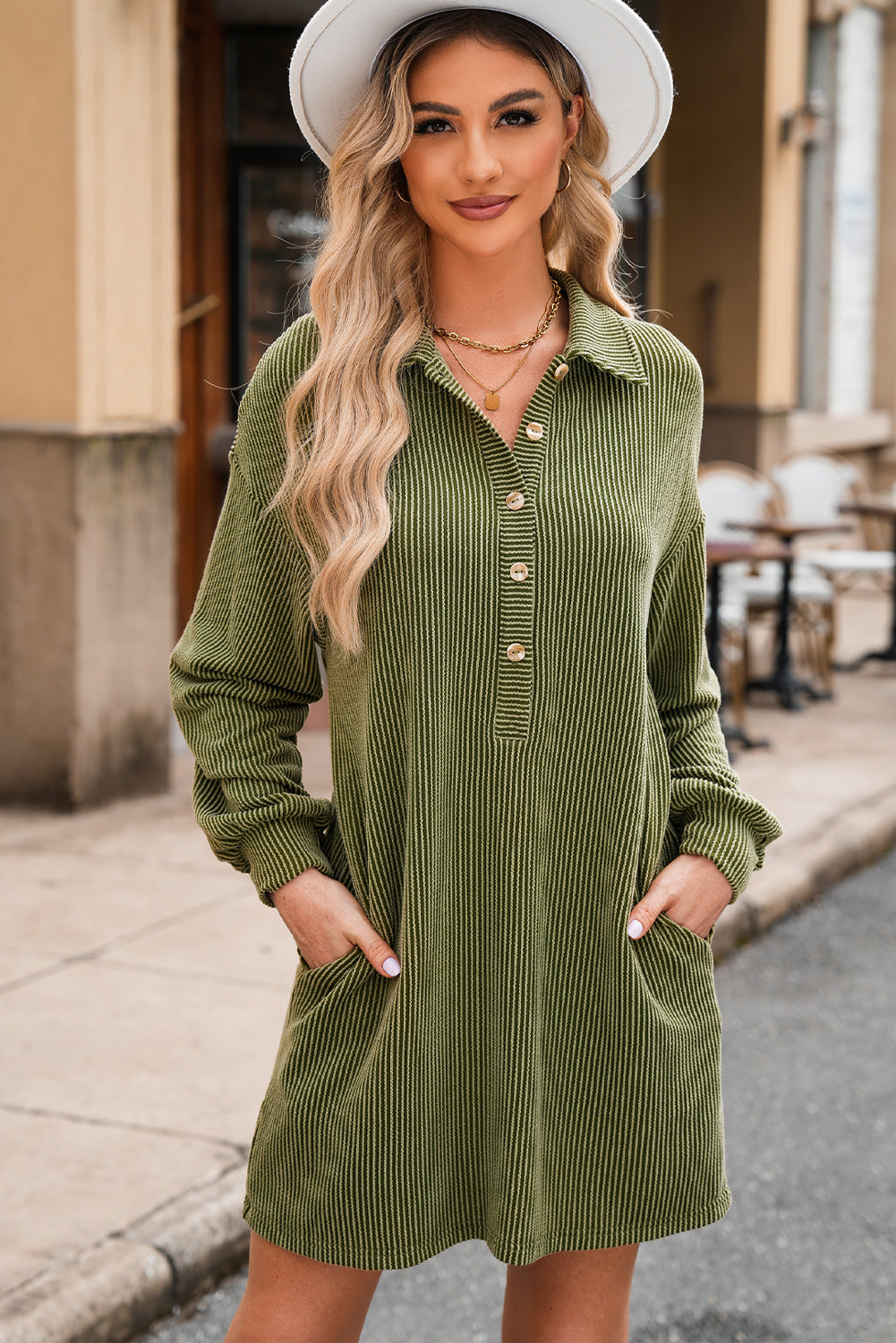 Moss Green Corded Buttons Placket Drop Shoulder Collared Shift Dress-Dresses/Mini Dresses-[Adult]-[Female]-2022 Online Blue Zone Planet