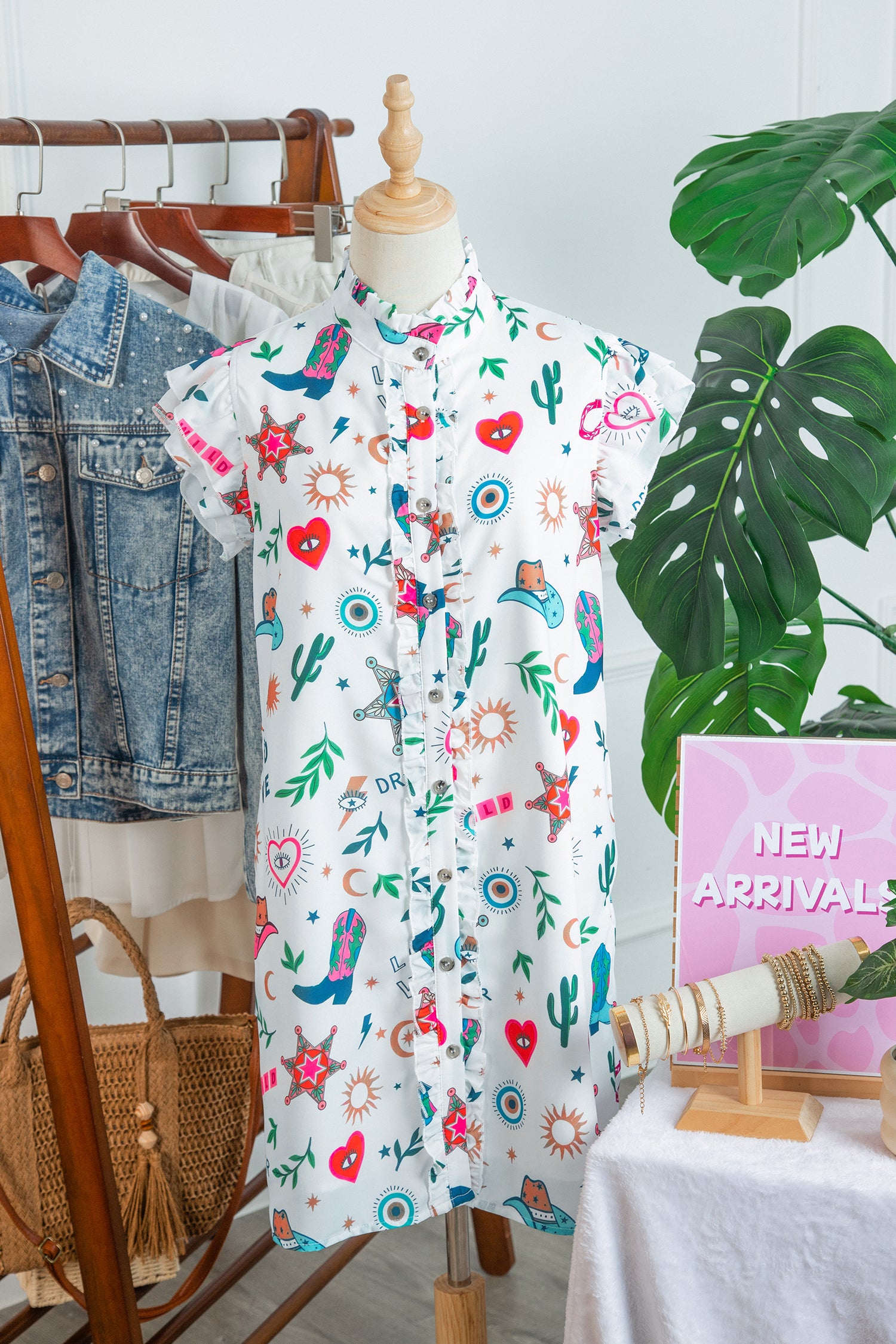 White Western Print Flutter Sleeve Button Down Mini Dress-TOPS / DRESSES-[Adult]-[Female]-2022 Online Blue Zone Planet