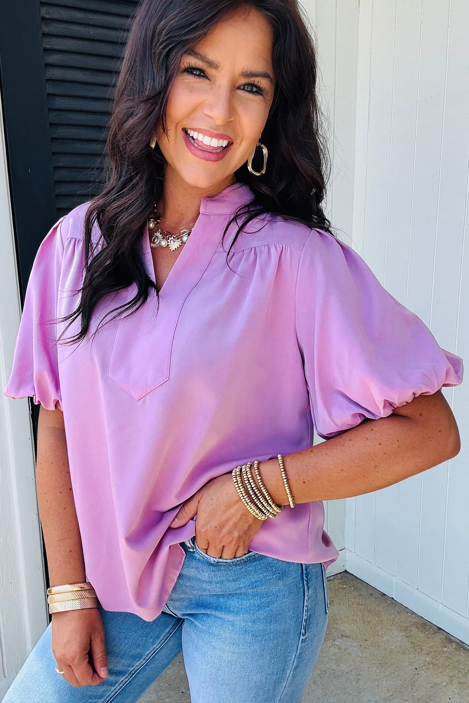 Phalaenopsis V Neck Puff Sleeve Summer Blouse-Tops/Blouses & Shirts-[Adult]-[Female]-2022 Online Blue Zone Planet