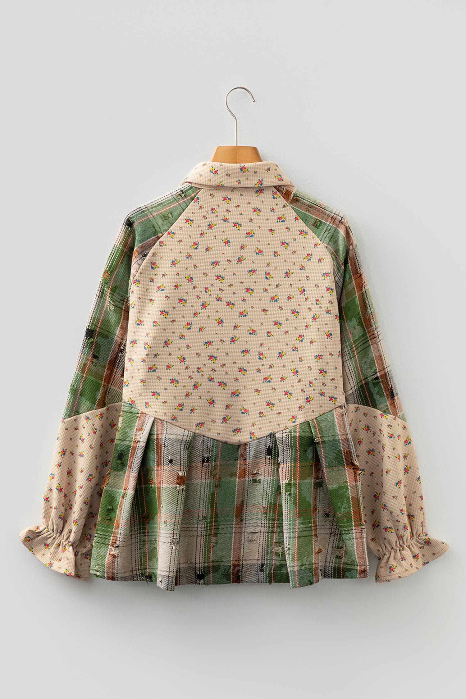 Mist Green Boho Floral Plaid Patchwork Distressed Detail Ruffled Sleeve Waffle Knit Shacket-Outerwear/Plaid Shackets-[Adult]-[Female]-2022 Online Blue Zone Planet