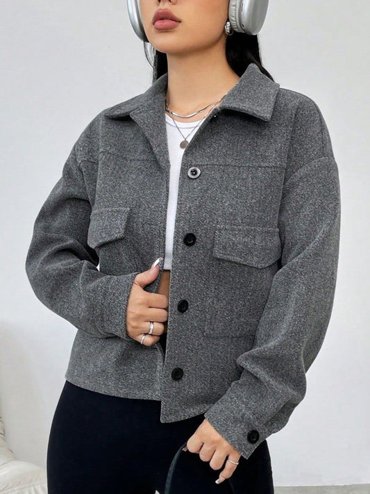 Button Up Dropped Shoulder Long Sleeve Outerwear-TOPS / DRESSES-[Adult]-[Female]-Dark Gray-S-2022 Online Blue Zone Planet