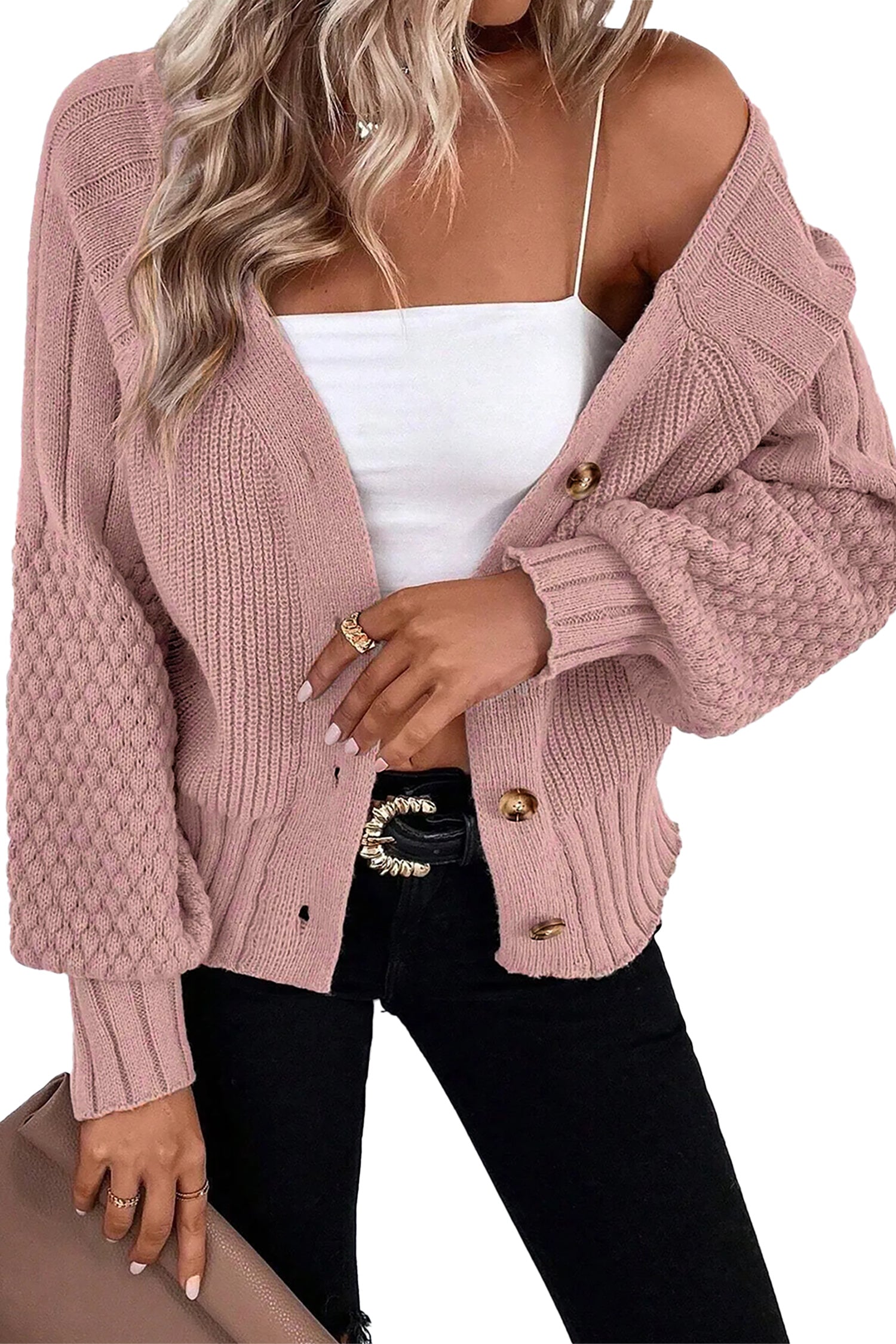 Light Pink Mixed Texture Knit Button V Neck Sweater Cardigan-TOPS / DRESSES-[Adult]-[Female]-2022 Online Blue Zone Planet